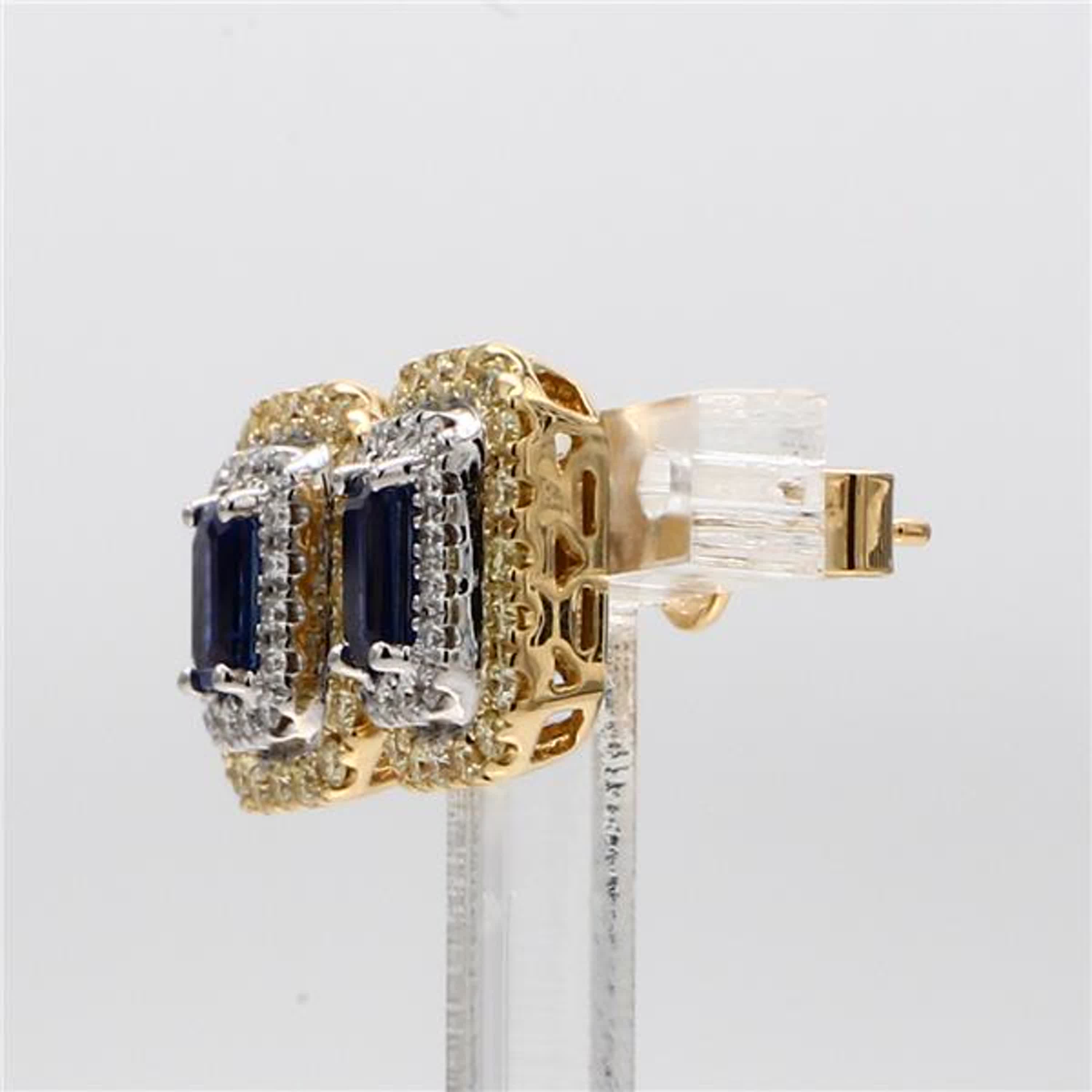 Natural Blue Emerald Cut Sapphire and Yellow Diamond 1.43 Carat TW Gold Earrings