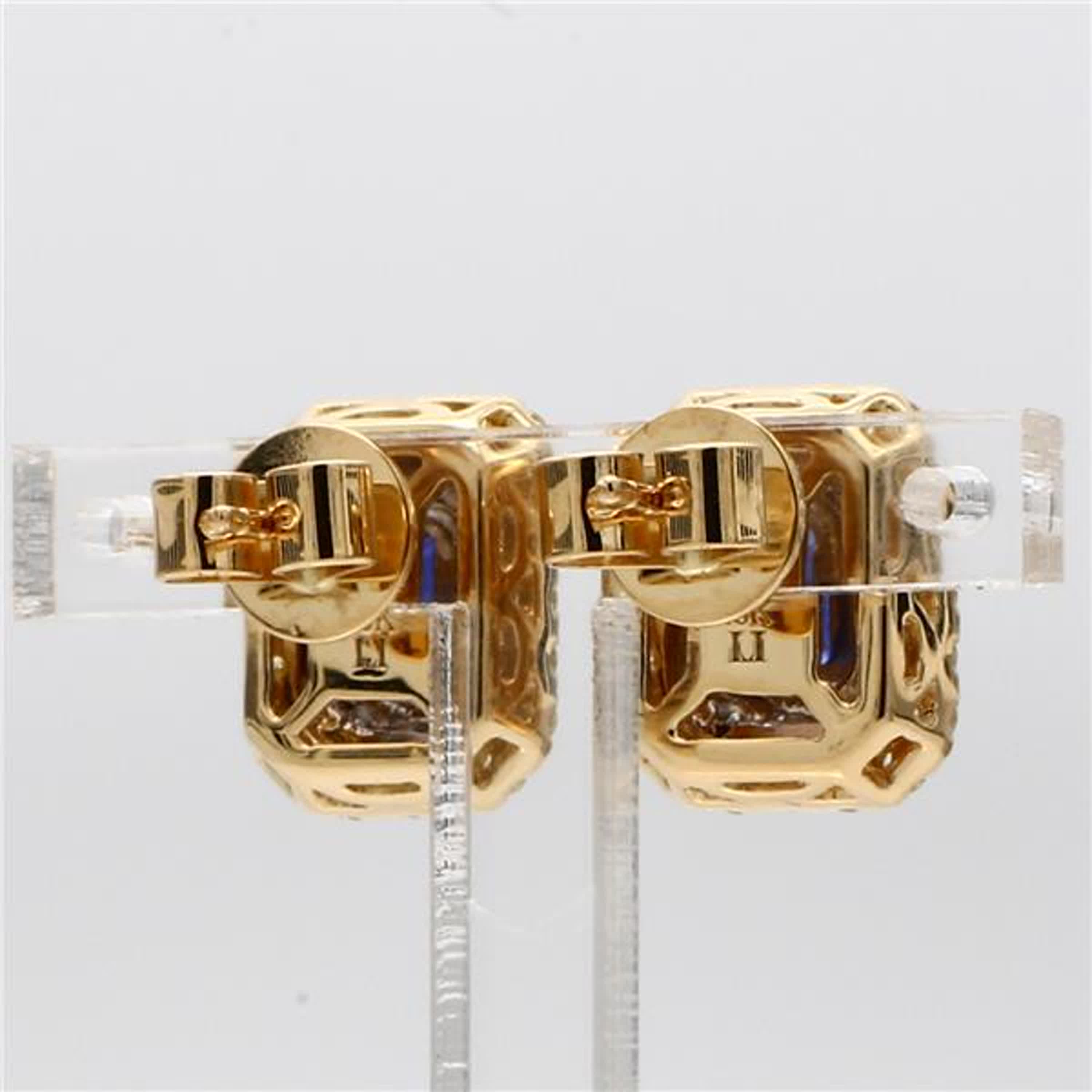 Natural Blue Emerald Cut Sapphire and Yellow Diamond 1.43 Carat TW Gold Earrings