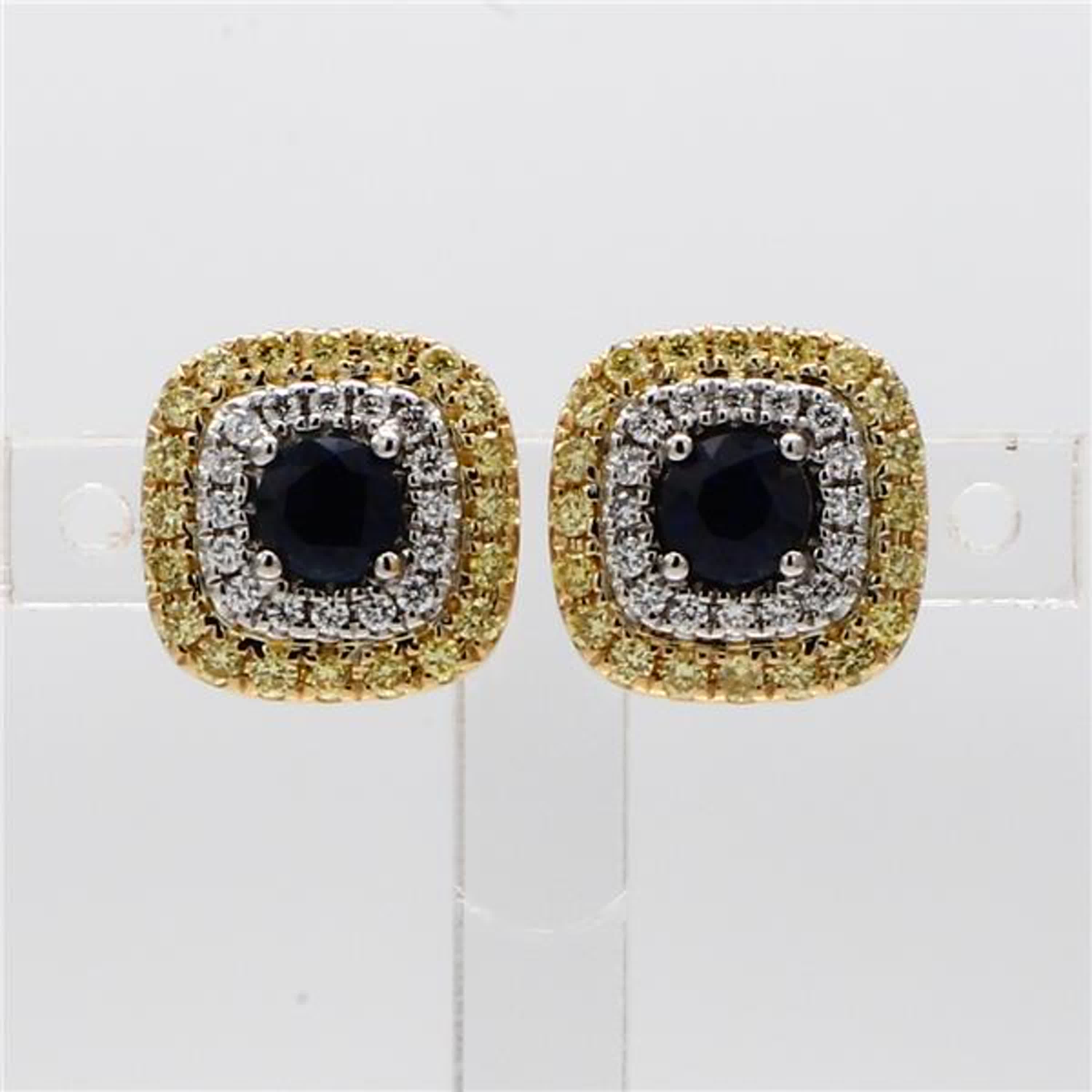 Natural Blue Round Sapphire and Diamond 1.20 Carat TW Gold Stud Earrings
