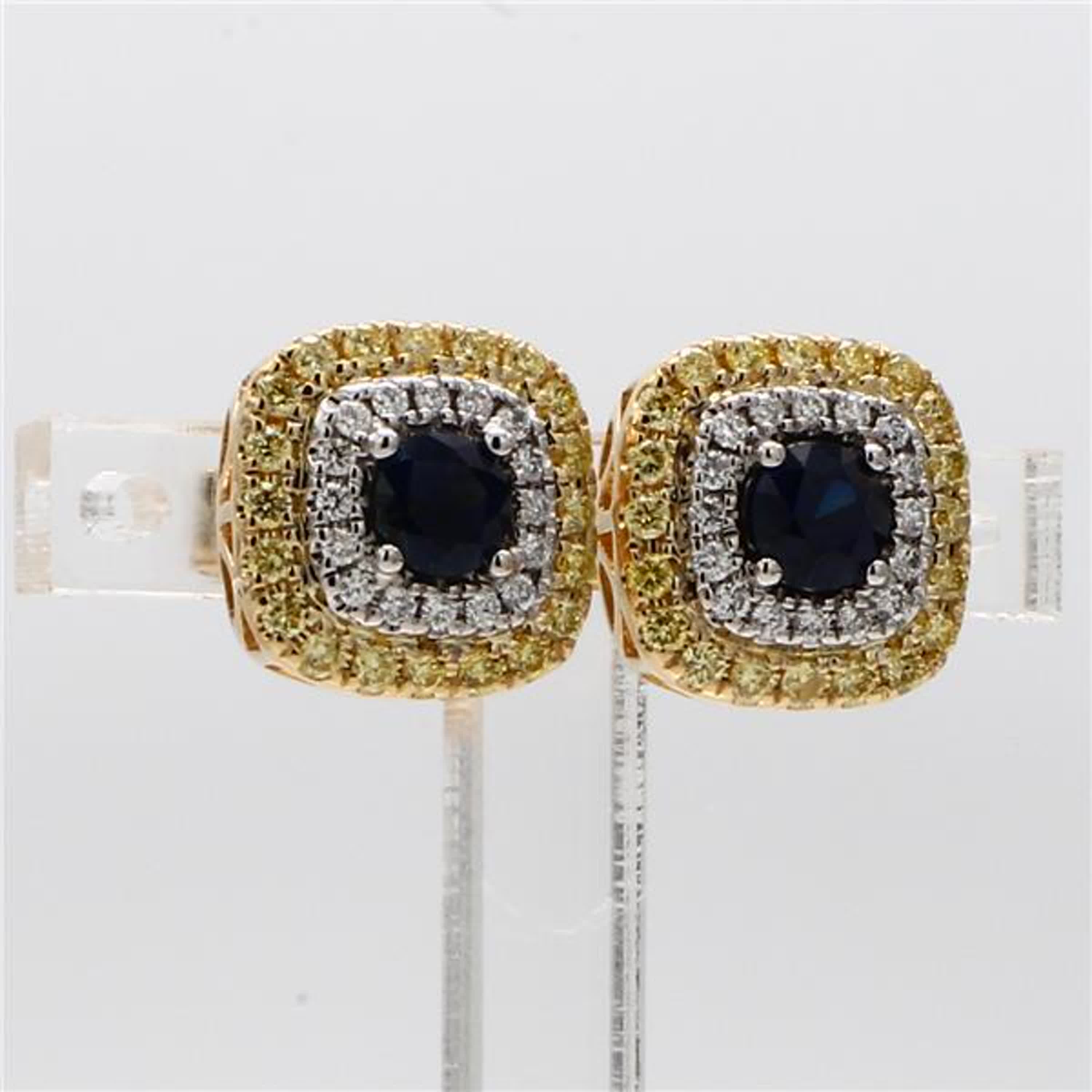 Natural Blue Round Sapphire and Diamond 1.20 Carat TW Gold Stud Earrings