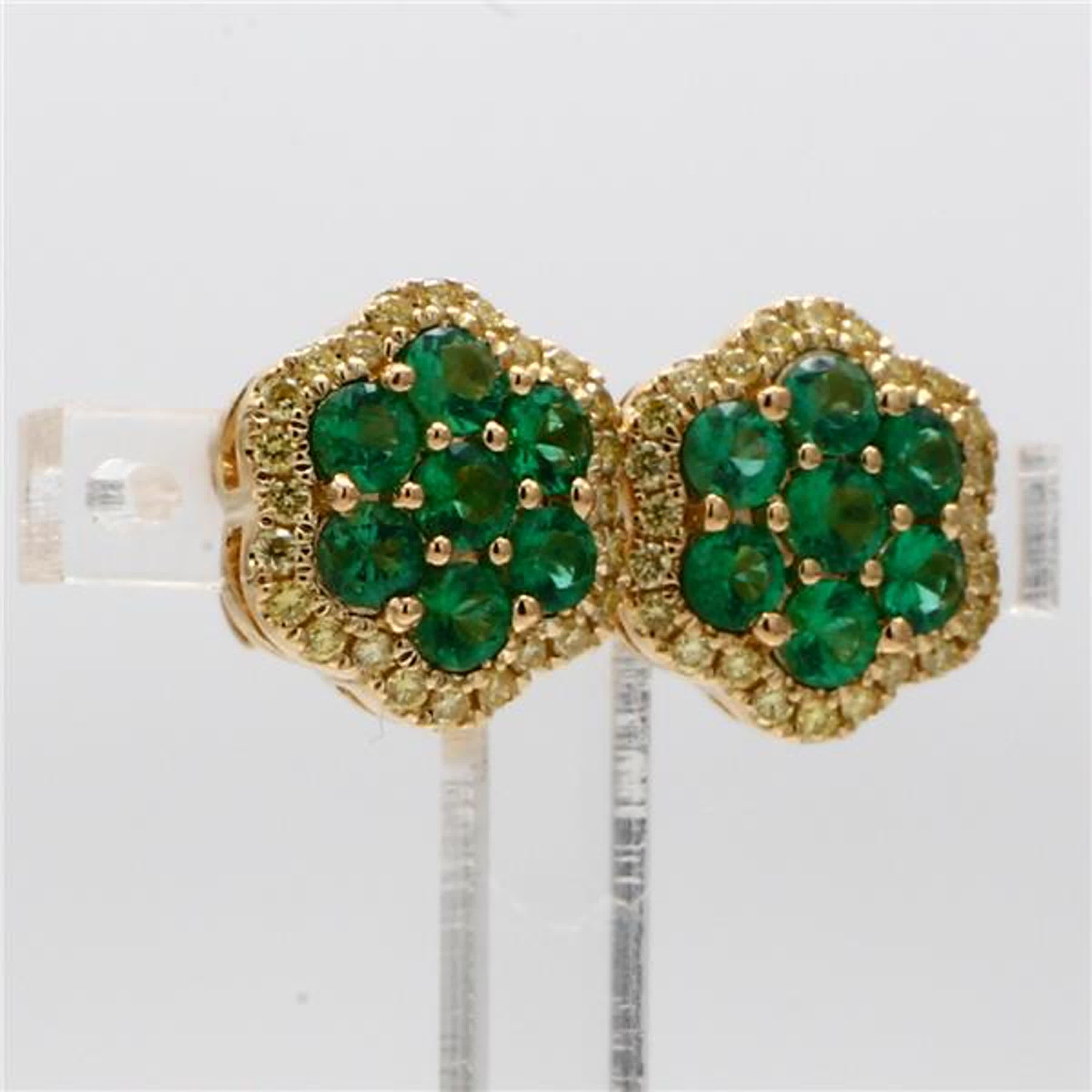 Natural Round Emerald and Yellow Diamond 1.56 Carat TW Yellow Gold Stud Earrings