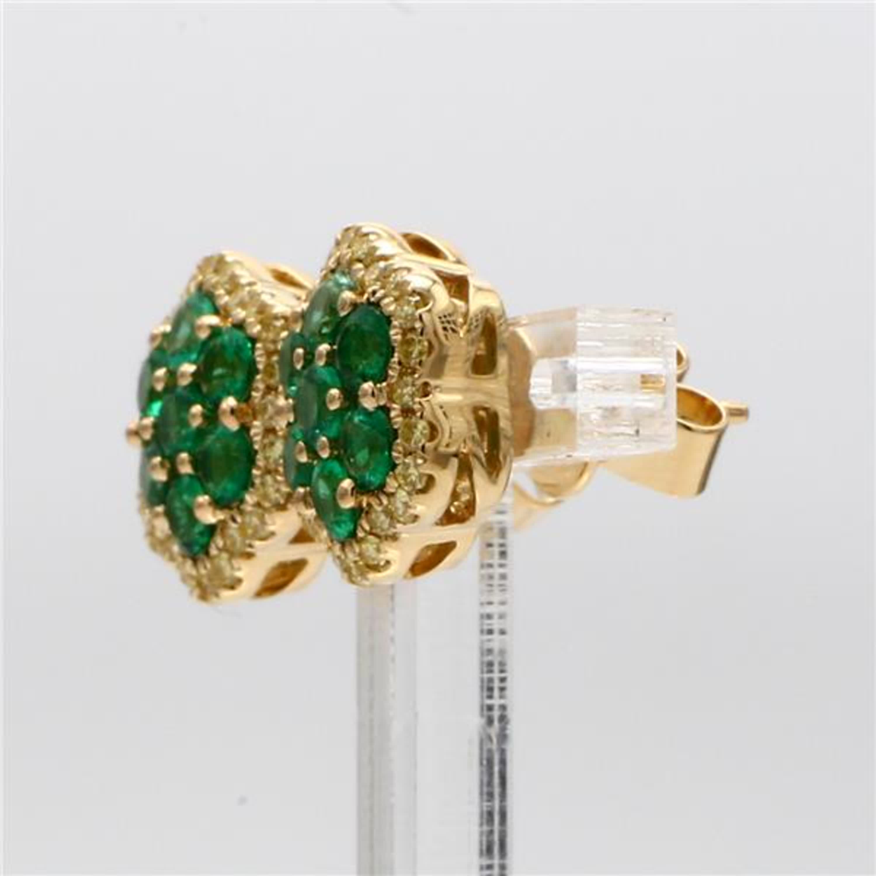 Natural Round Emerald and Yellow Diamond 1.56 Carat TW Yellow Gold Stud Earrings