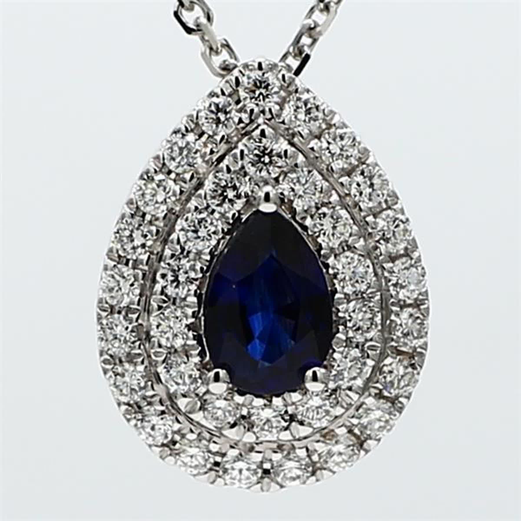 Natural Blue Pear Sapphire and White Diamond .73 Carat TW White Gold Pendant