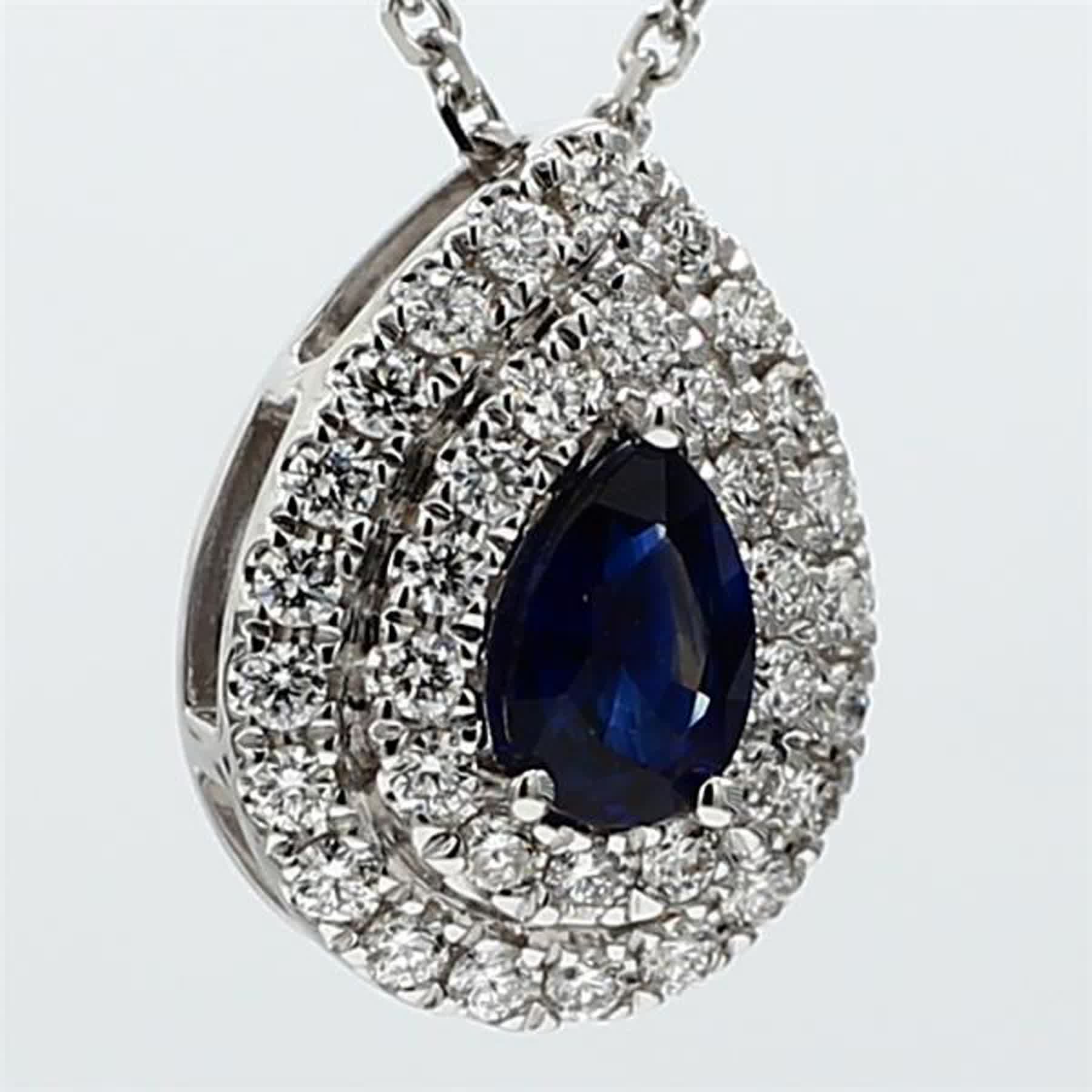 Natural Blue Pear Sapphire and White Diamond .73 Carat TW White Gold Pendant