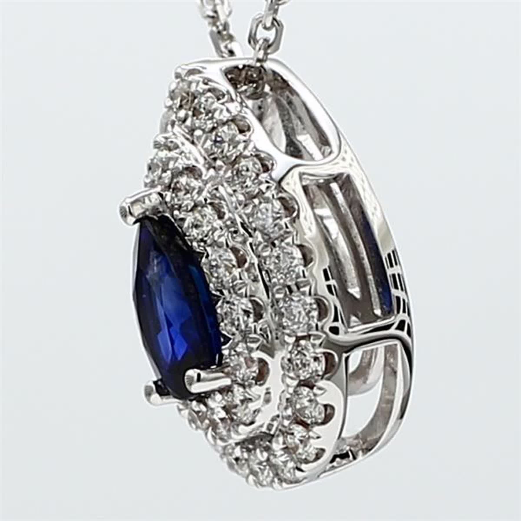 Natural Blue Pear Sapphire and White Diamond .73 Carat TW White Gold Pendant