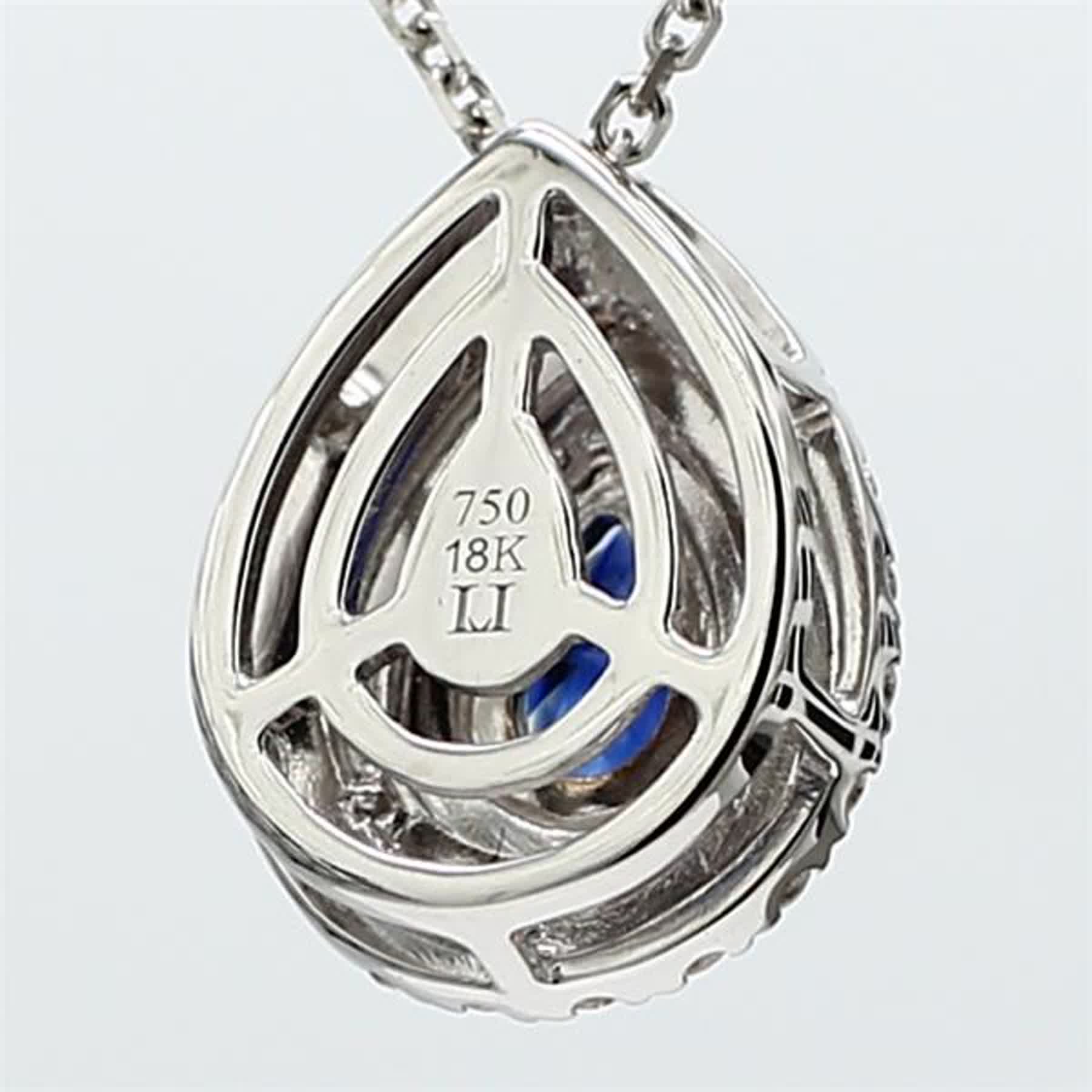 Natural Blue Pear Sapphire and White Diamond .73 Carat TW White Gold Pendant