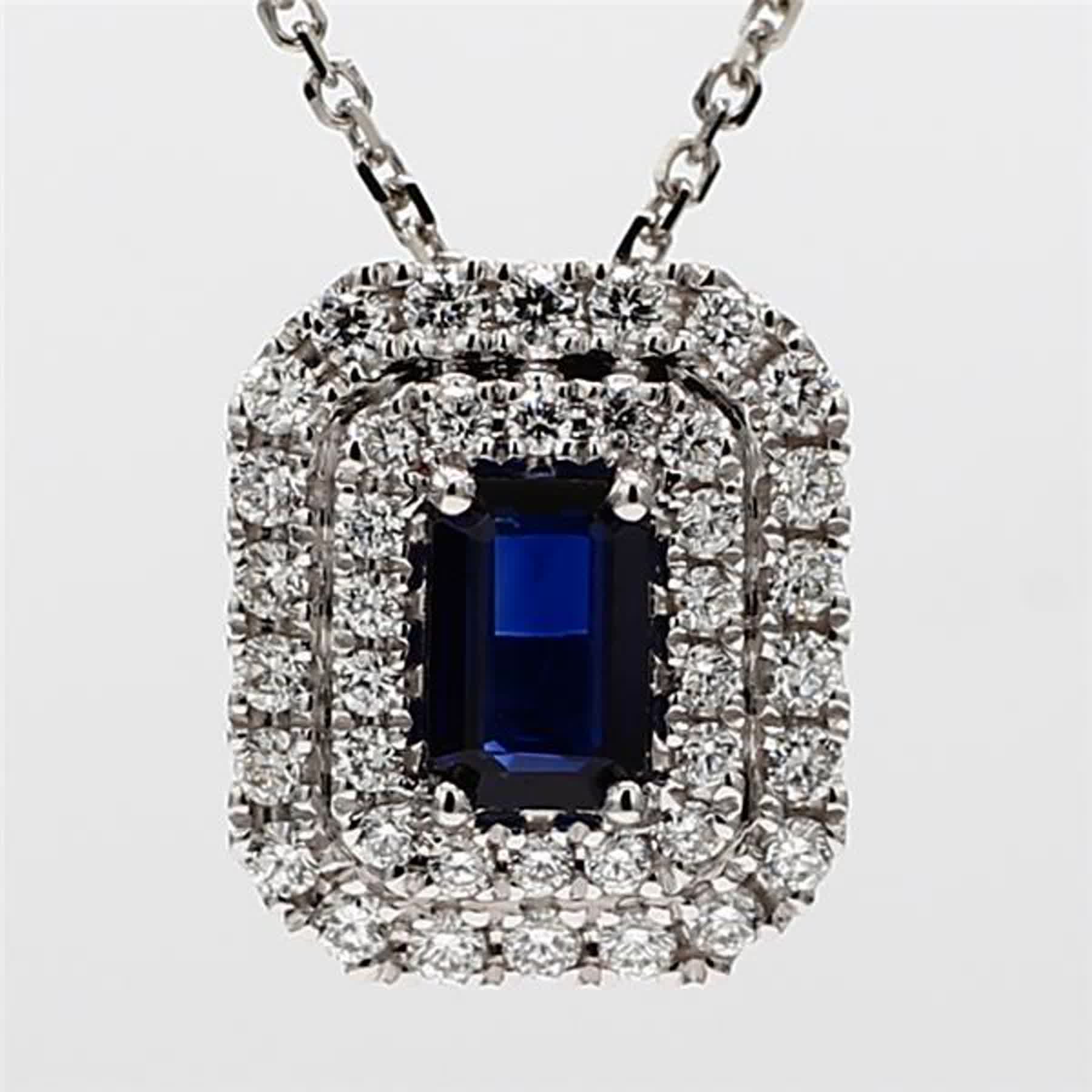 Natural Blue Emerald Cut Sapphire and White Diamond 1.04 Carat TW Gold Pendant