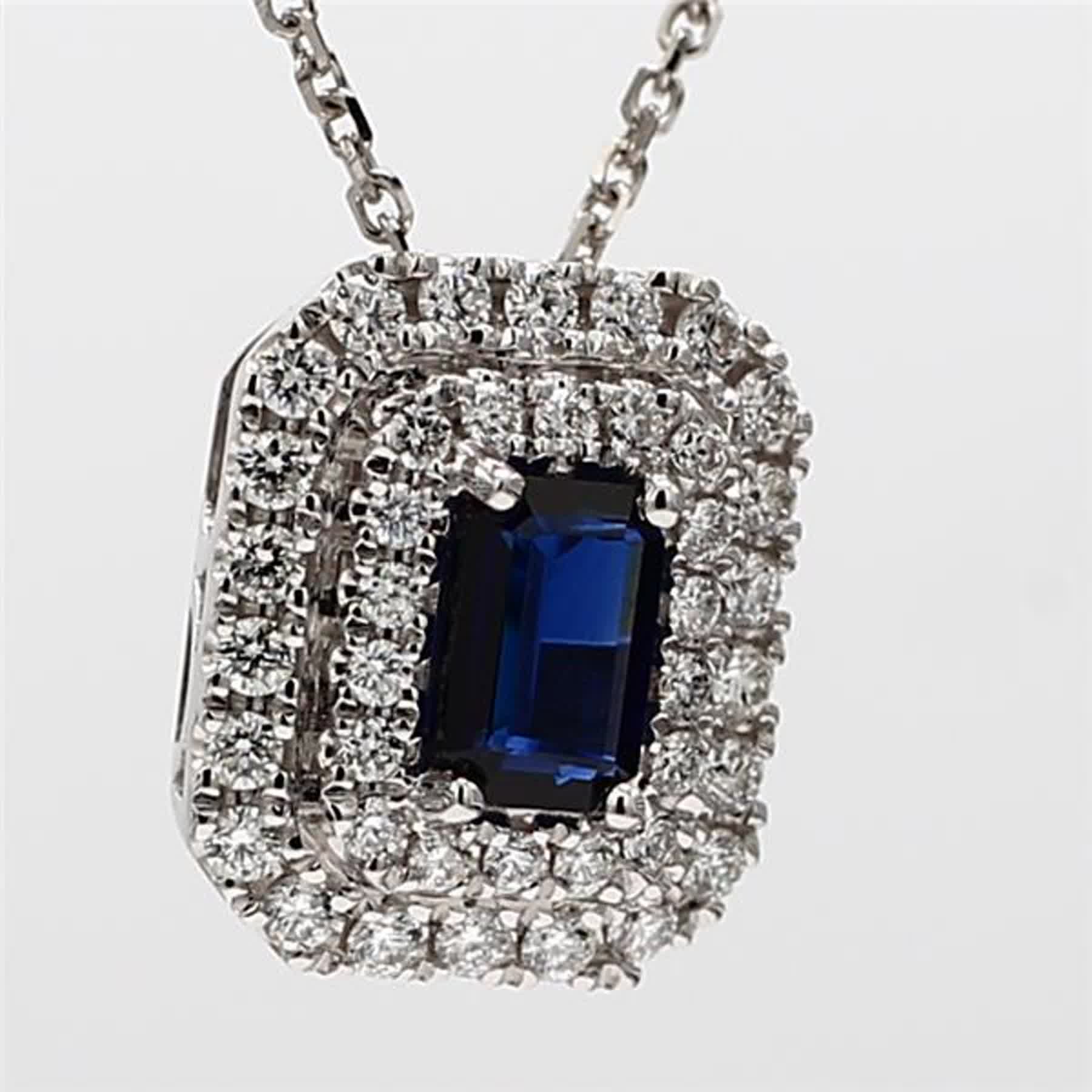 Natural Blue Emerald Cut Sapphire and White Diamond 1.04 Carat TW Gold Pendant
