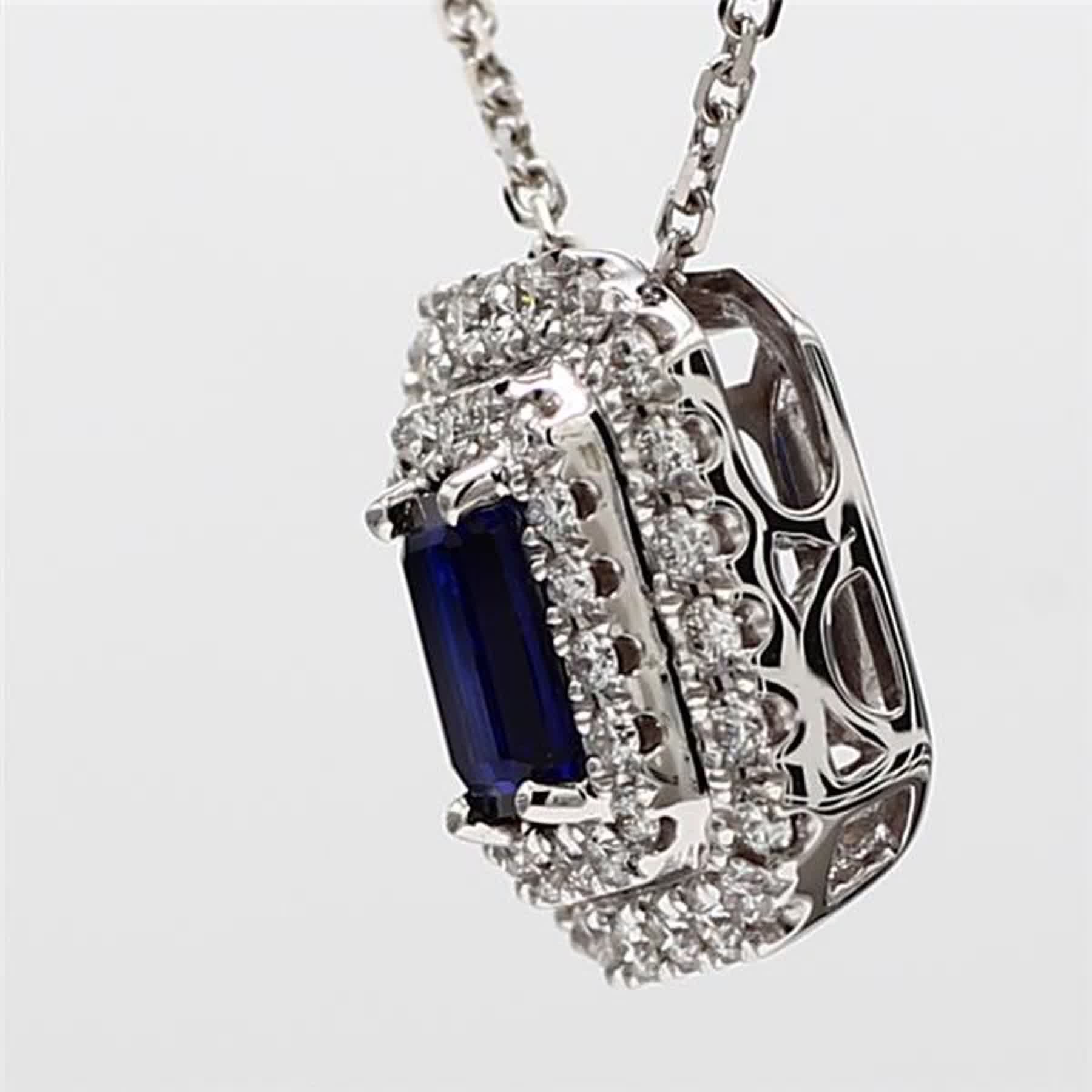 Natural Blue Emerald Cut Sapphire and White Diamond 1.04 Carat TW Gold Pendant