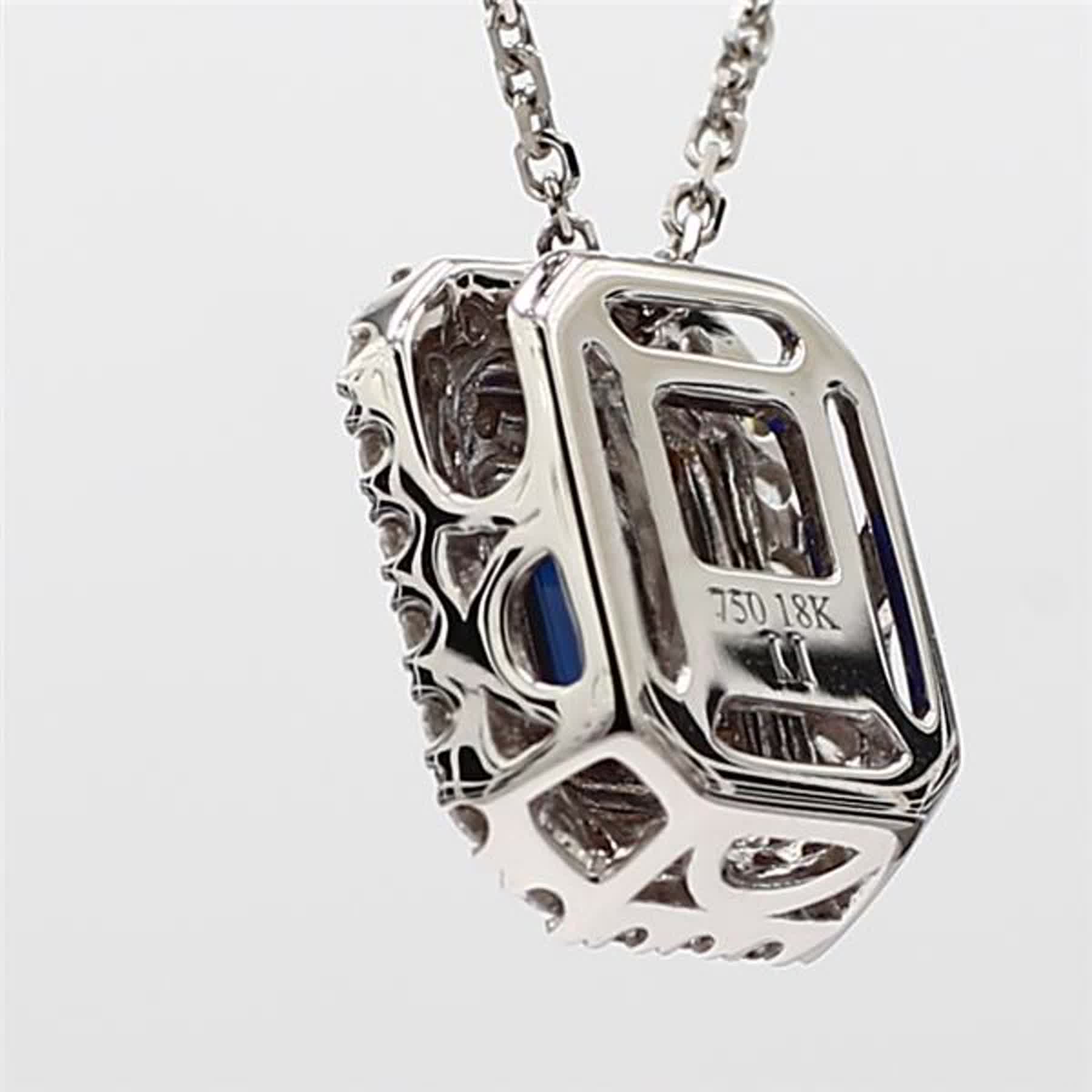 Natural Blue Emerald Cut Sapphire and White Diamond 1.04 Carat TW Gold Pendant