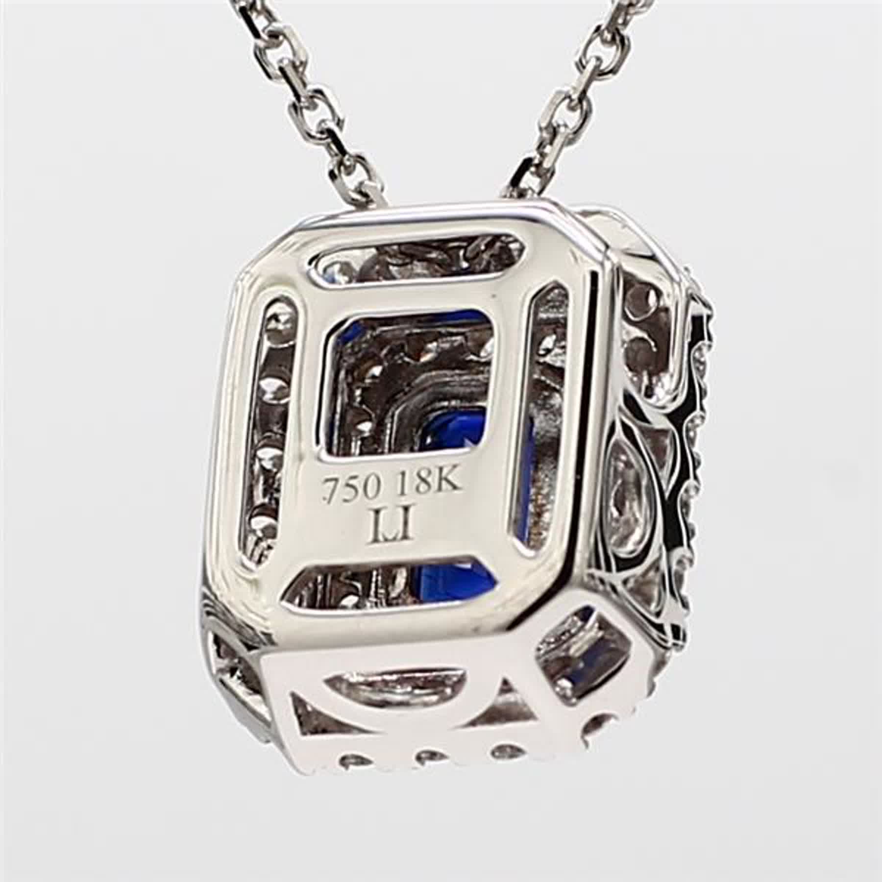 Natural Blue Emerald Cut Sapphire and White Diamond 1.04 Carat TW Gold Pendant