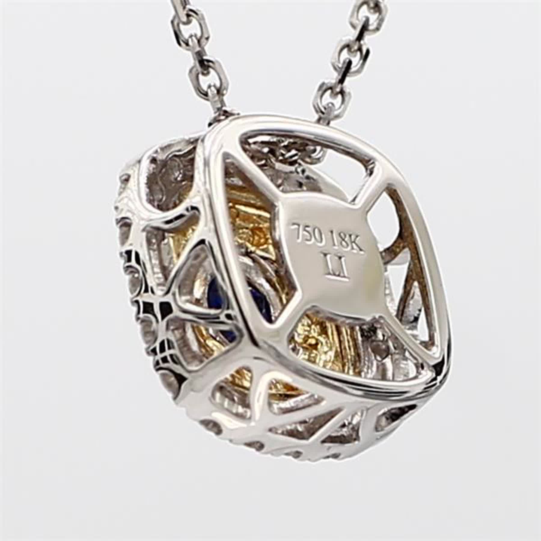 Natural Blue Round Sapphire and Diamond .60 Carat TW Gold Drop Pendant