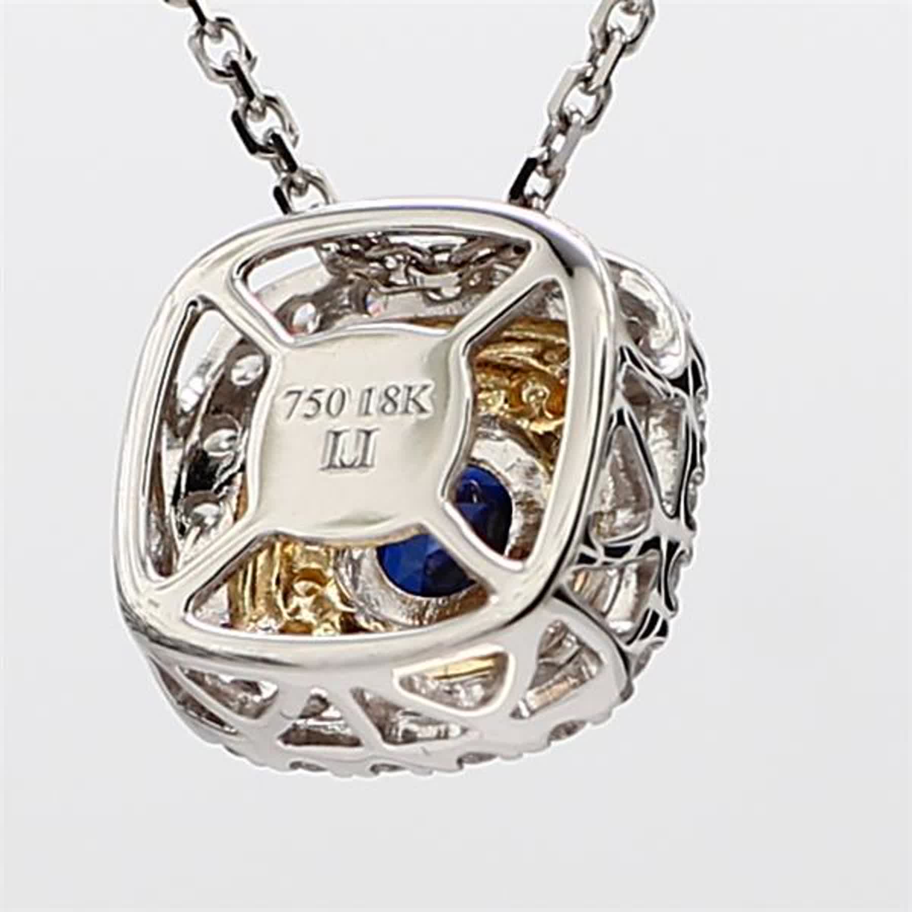 Natural Blue Round Sapphire and Diamond .60 Carat TW Gold Drop Pendant