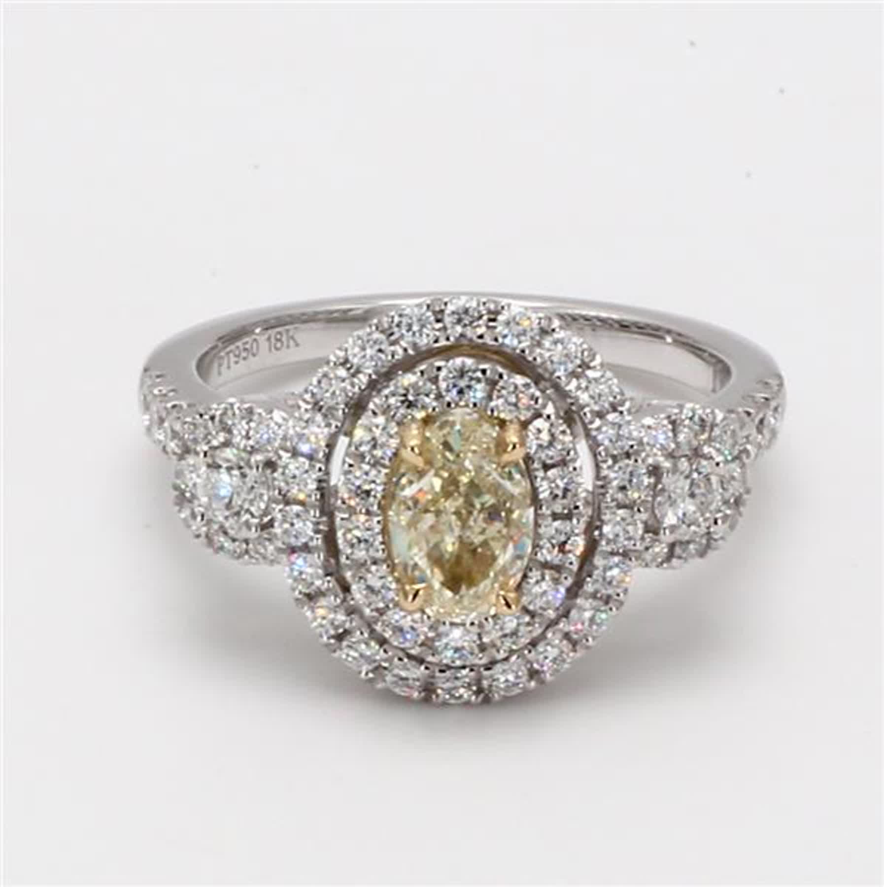 Natural Yellow Oval and White Diamond 1.45 Carat TW Platinum Cocktail Ring