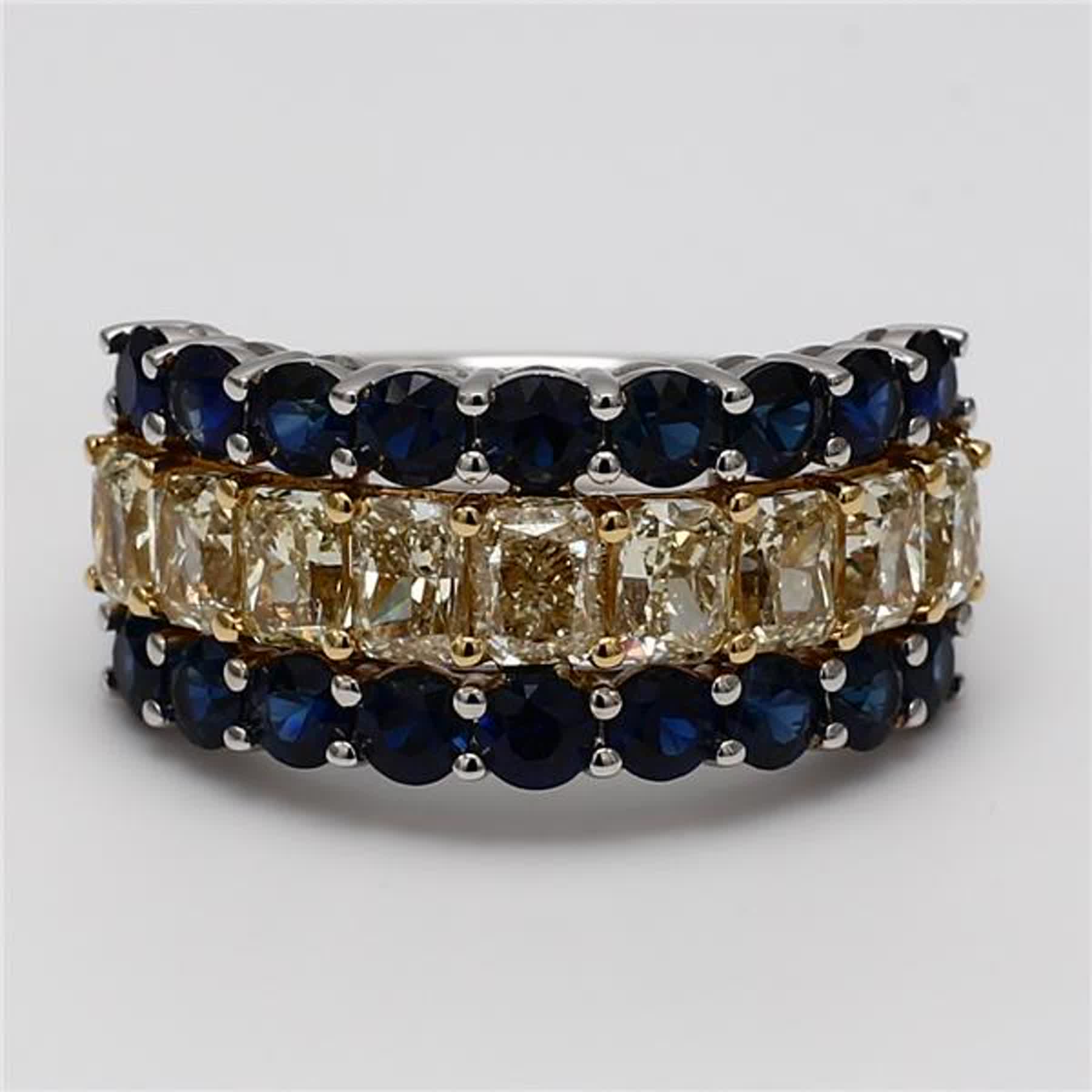 Natural Yellow Radiant Diamond and Blue Round Sapphire 5.16 Carat TW Gold Band