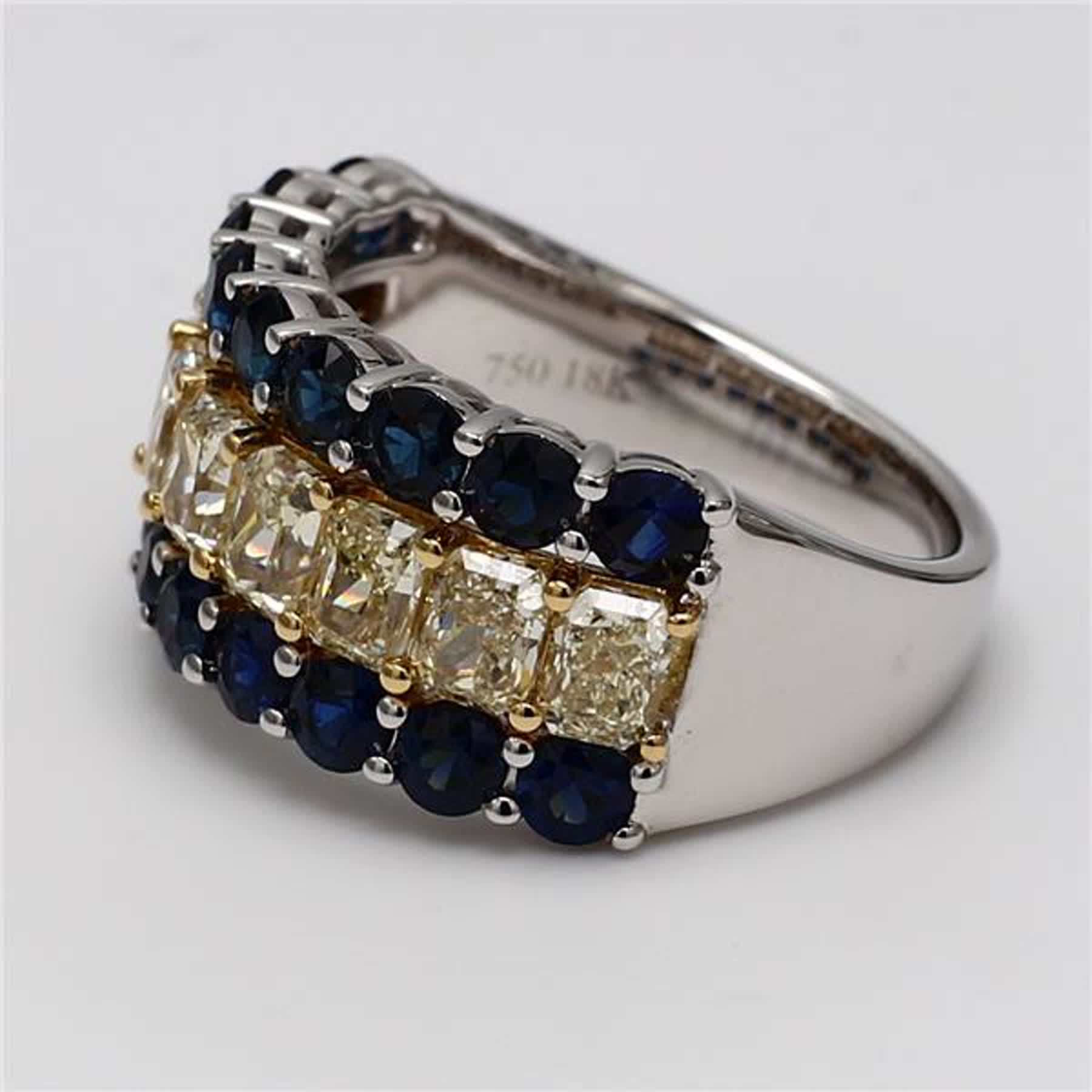 Natural Yellow Radiant Diamond and Blue Round Sapphire 5.16 Carat TW Gold Band