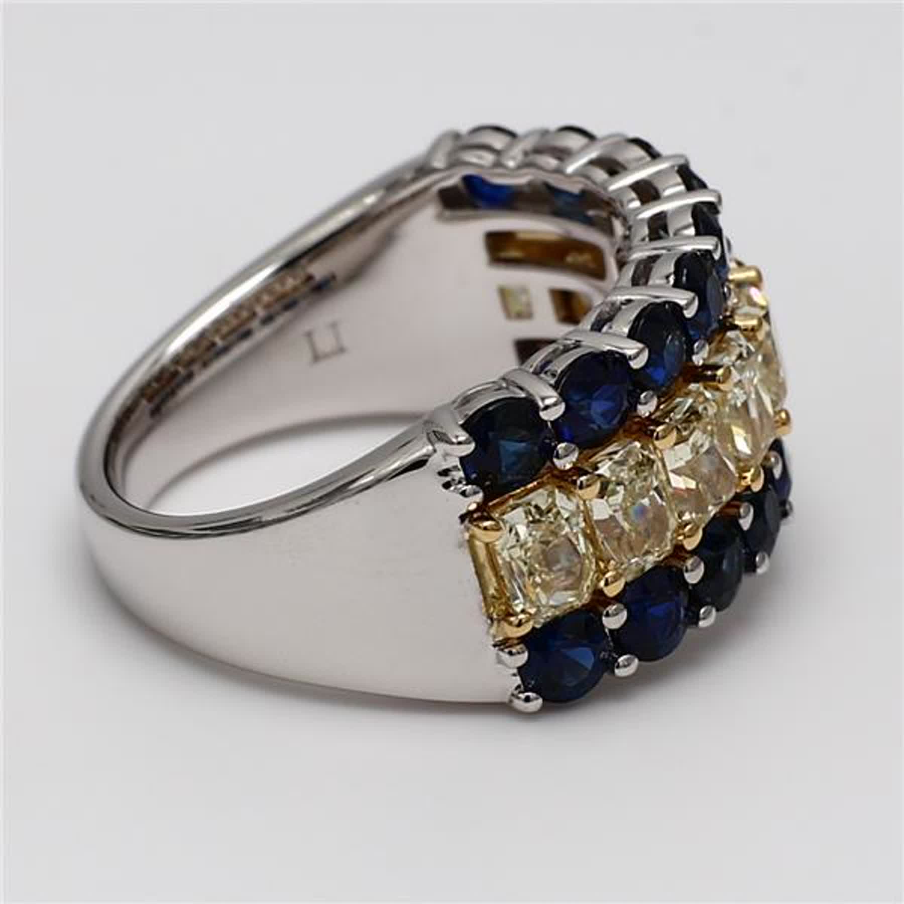 Natural Yellow Radiant Diamond and Blue Round Sapphire 5.16 Carat TW Gold Band
