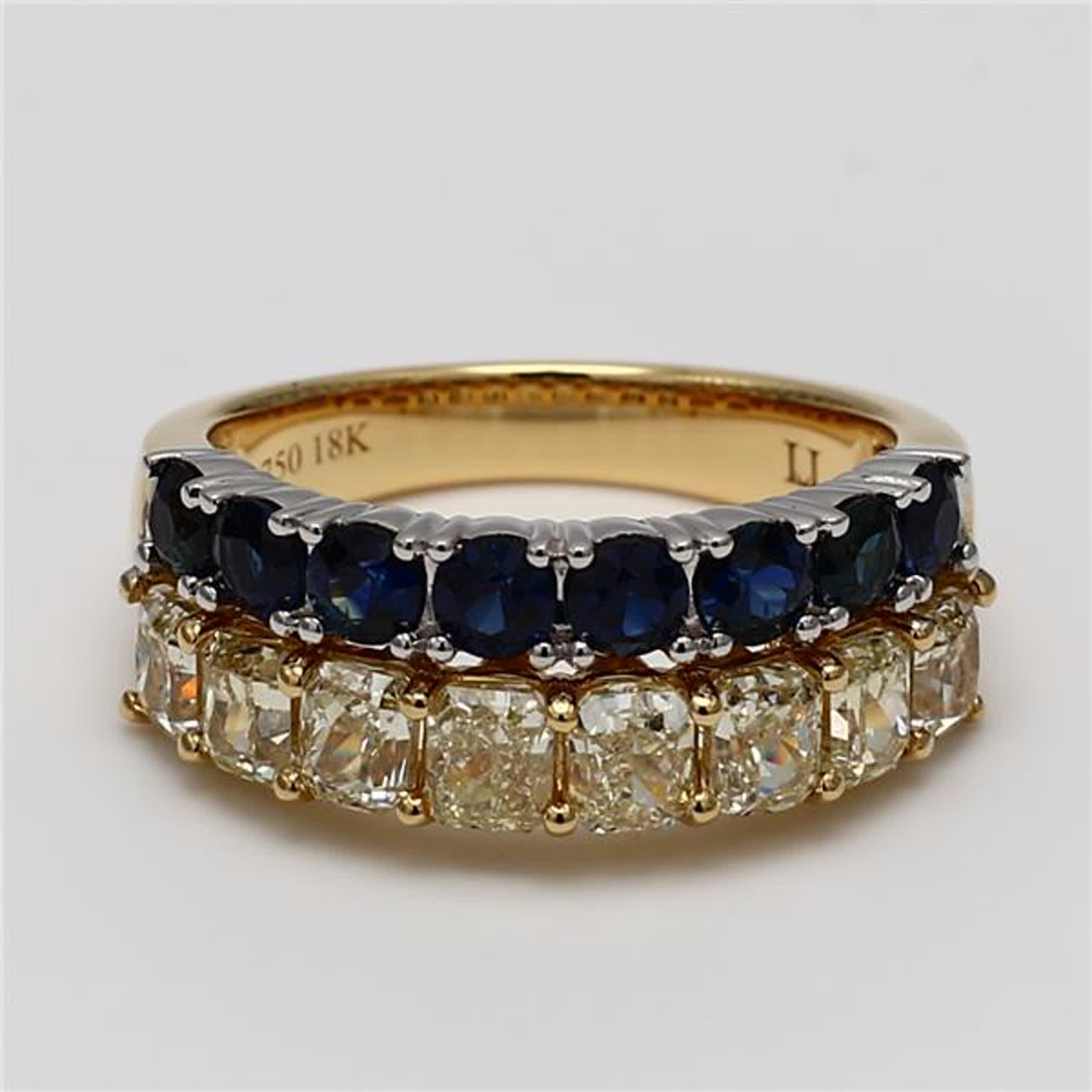 Natural Yellow Radiant Diamond and Blue Round Sapphire 3.64 Carat TW Gold Band