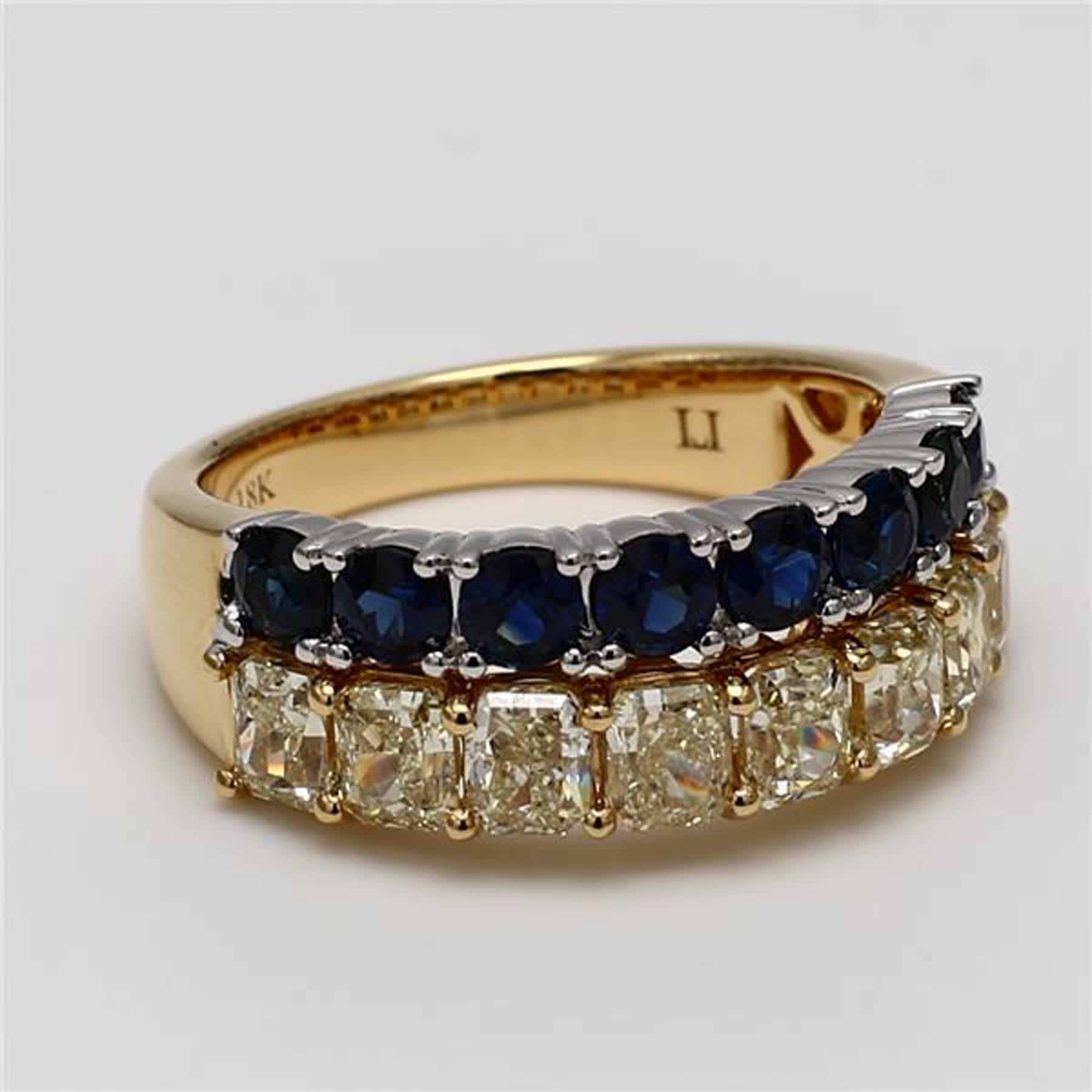 Natural Yellow Radiant Diamond and Blue Round Sapphire 3.64 Carat TW Gold Band