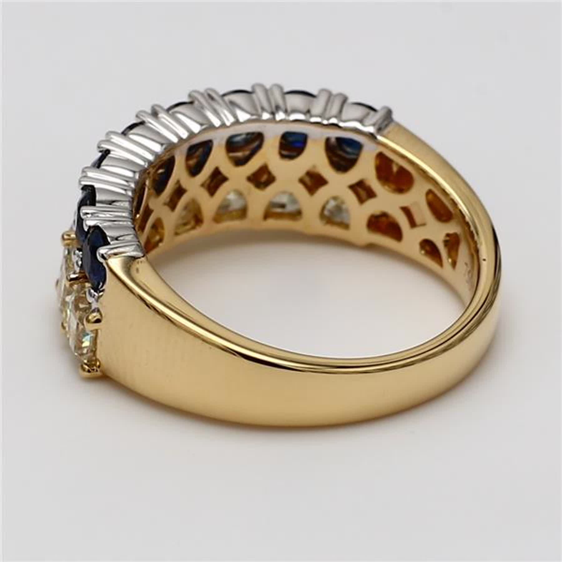 Natural Yellow Radiant Diamond and Blue Round Sapphire 3.64 Carat TW Gold Band