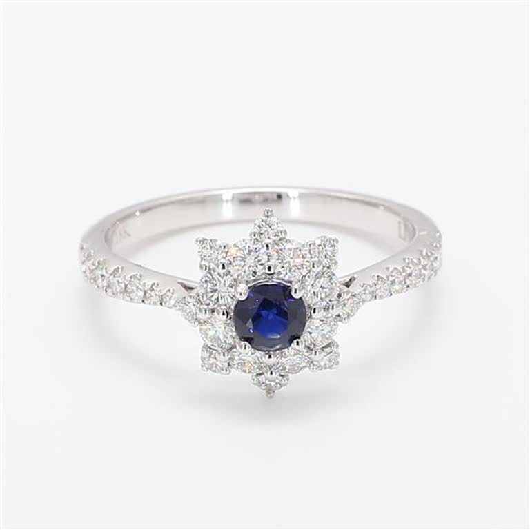Natural Blue Round Sapphire and White Diamond .90 Carat TW Gold Cocktail Ring