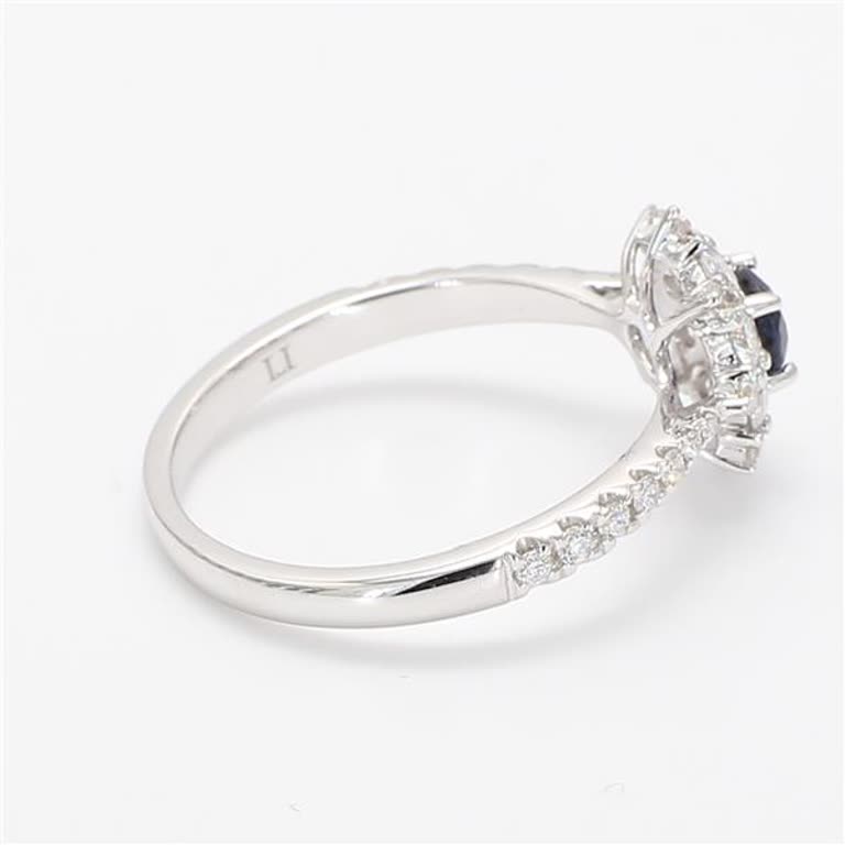 Natural Blue Round Sapphire and White Diamond .90 Carat TW Gold Cocktail Ring