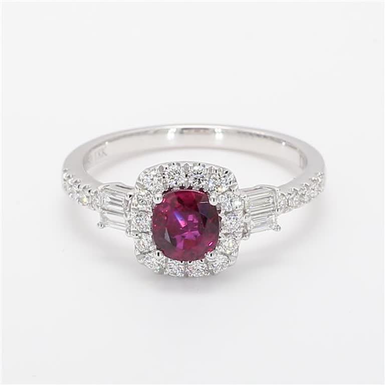 Natural Cushion Ruby and White Diamond 1.25 Carat TW White Gold Cocktail Ring