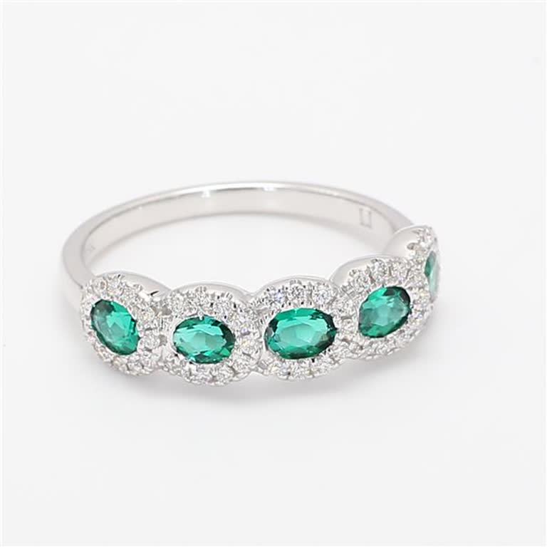 Natural Oval Emerald and White Diamond White Gold 1.00 Carat TW Wedding Band