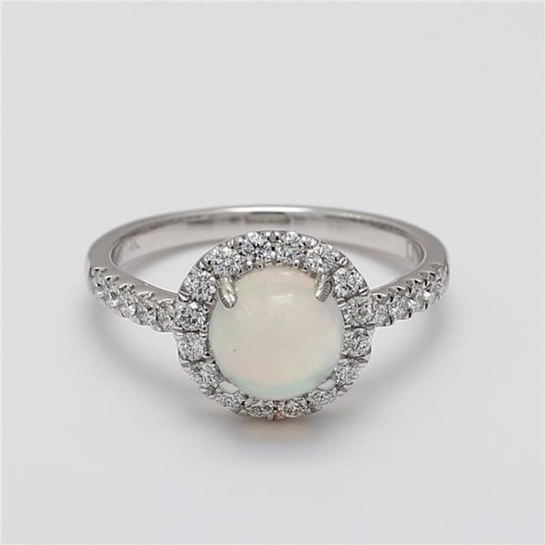 Natural Round Opal and White Diamond 1.60 Carat TW White Gold Cocktail Ring