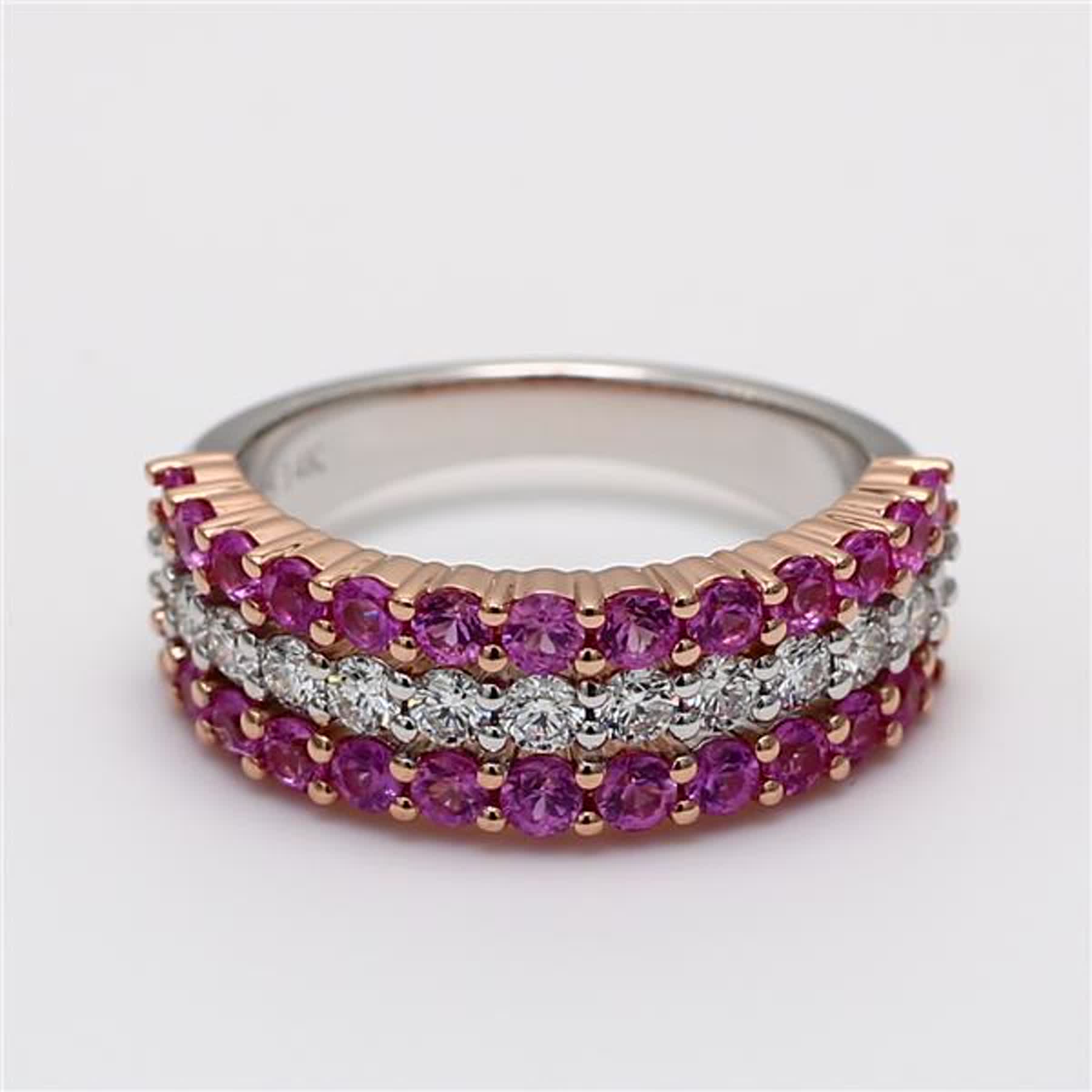 Natural Pink Round Sapphire and White Diamond 1.88 Carat TW Gold Wedding Band