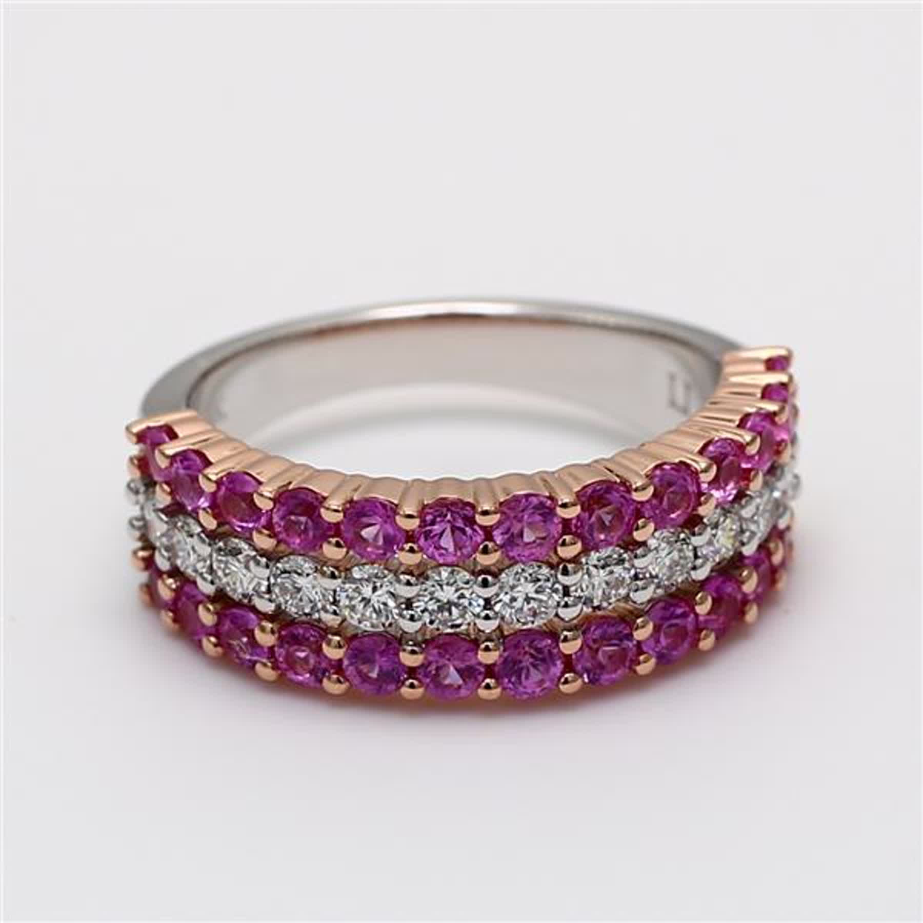 Natural Pink Round Sapphire and White Diamond 1.88 Carat TW Gold Wedding Band