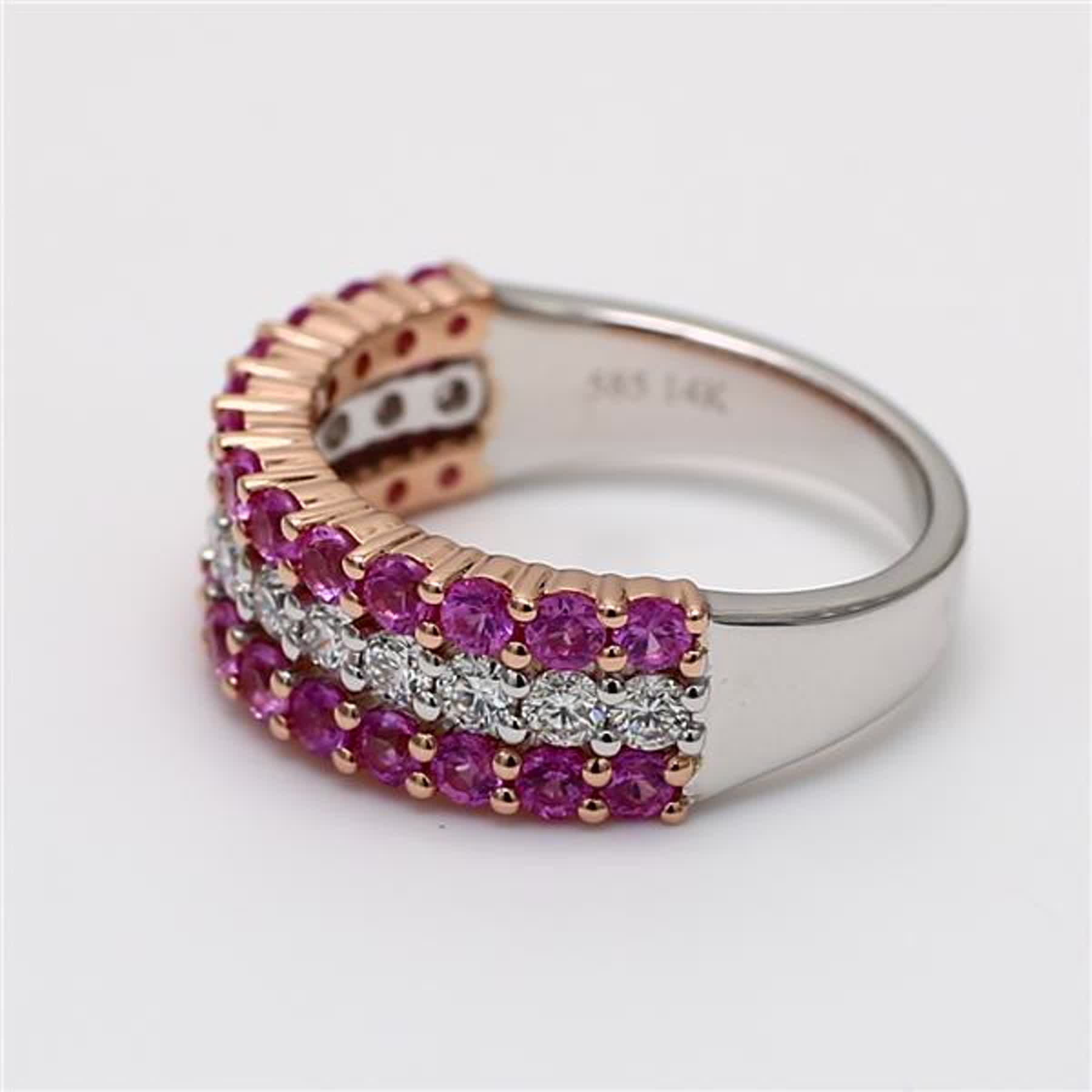 Natural Pink Round Sapphire and White Diamond 1.88 Carat TW Gold Wedding Band