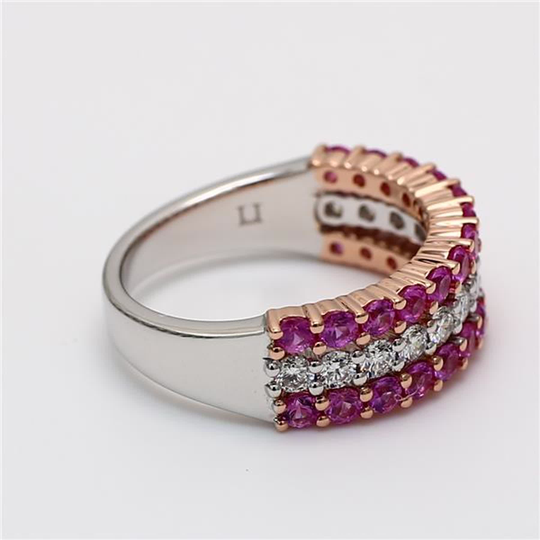 Natural Pink Round Sapphire and White Diamond 1.88 Carat TW Gold Wedding Band