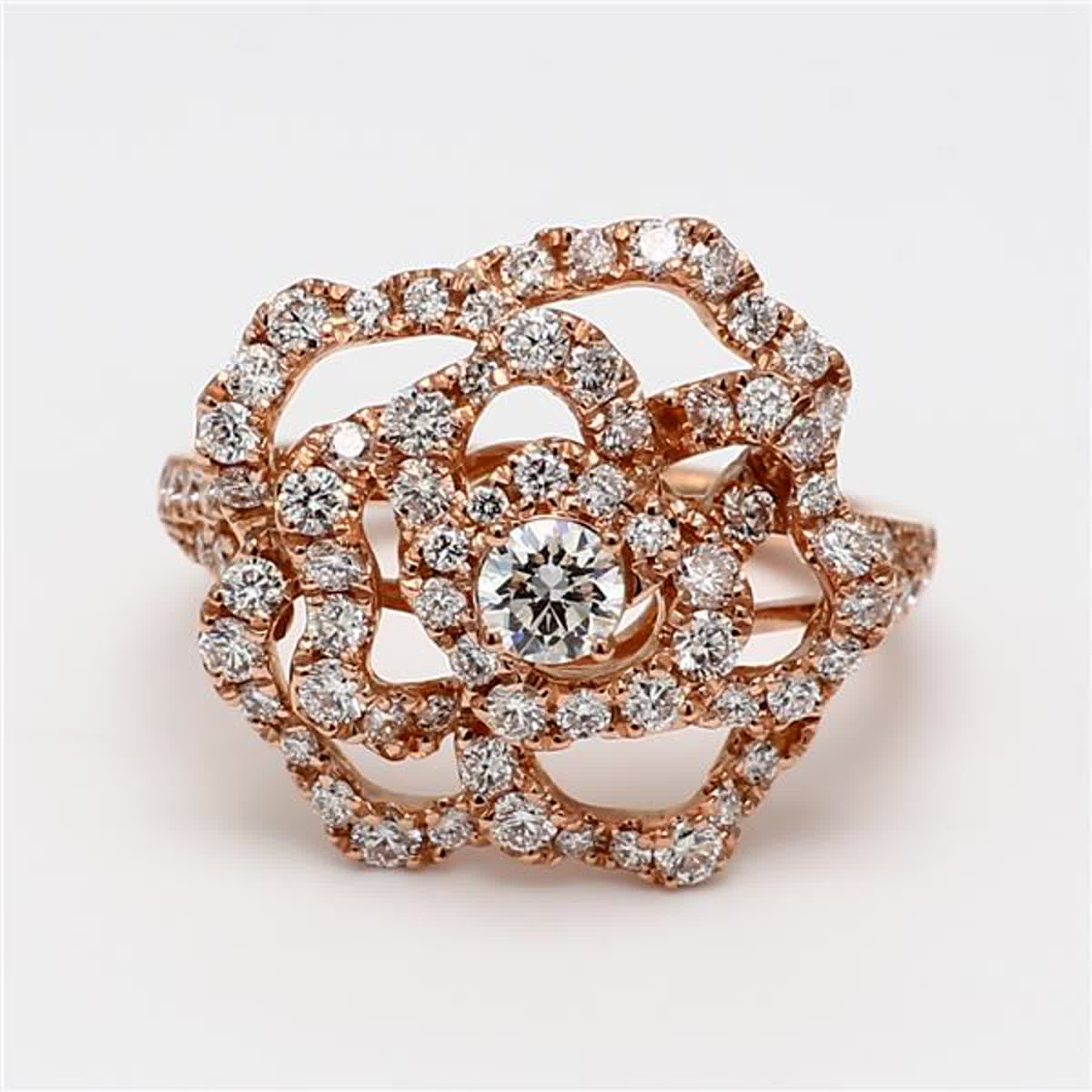 Natural White Round Diamond 1.33 Carat TW Rose Gold Cocktail Ring