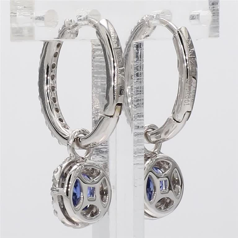 Natural Blue Round Sapphire and White Diamond 1.83 Carat TW Gold Drop Earrings