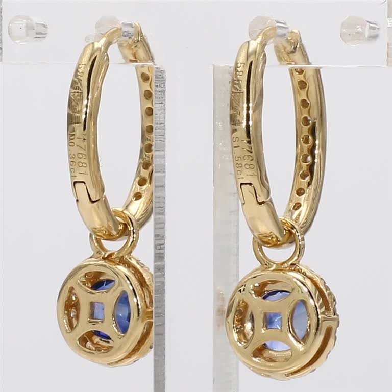 Natural Blue Round Sapphire and White Diamond 1.94 Carat TW Gold Drop Earrings