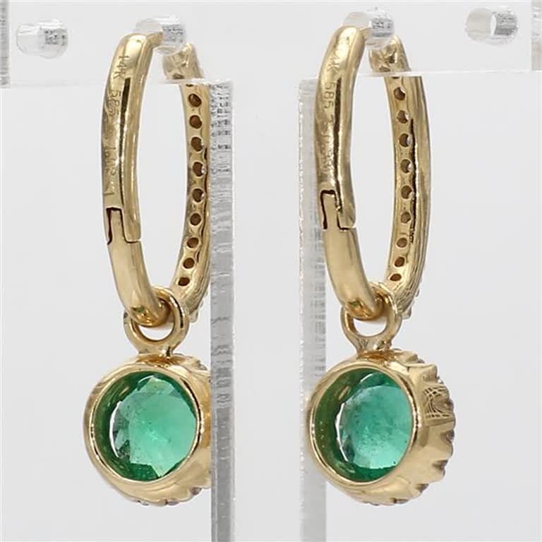 Natural Round Emerald and White Diamond 1.35 Carat TW Yellow Gold Drop Earrings