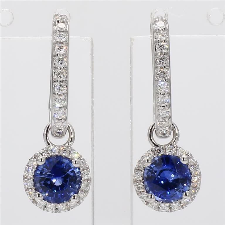 Natural Blue Round Sapphire and White Diamond 1.83 Carat TW Gold Drop Earrings