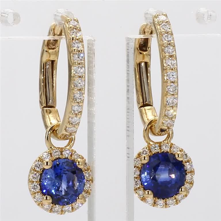 Natural Blue Round Sapphire and White Diamond 1.94 Carat TW Gold Drop Earrings