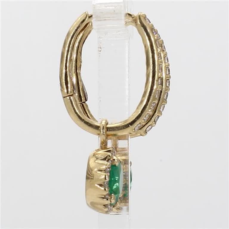 Natural Round Emerald and White Diamond 1.35 Carat TW Yellow Gold Drop Earrings