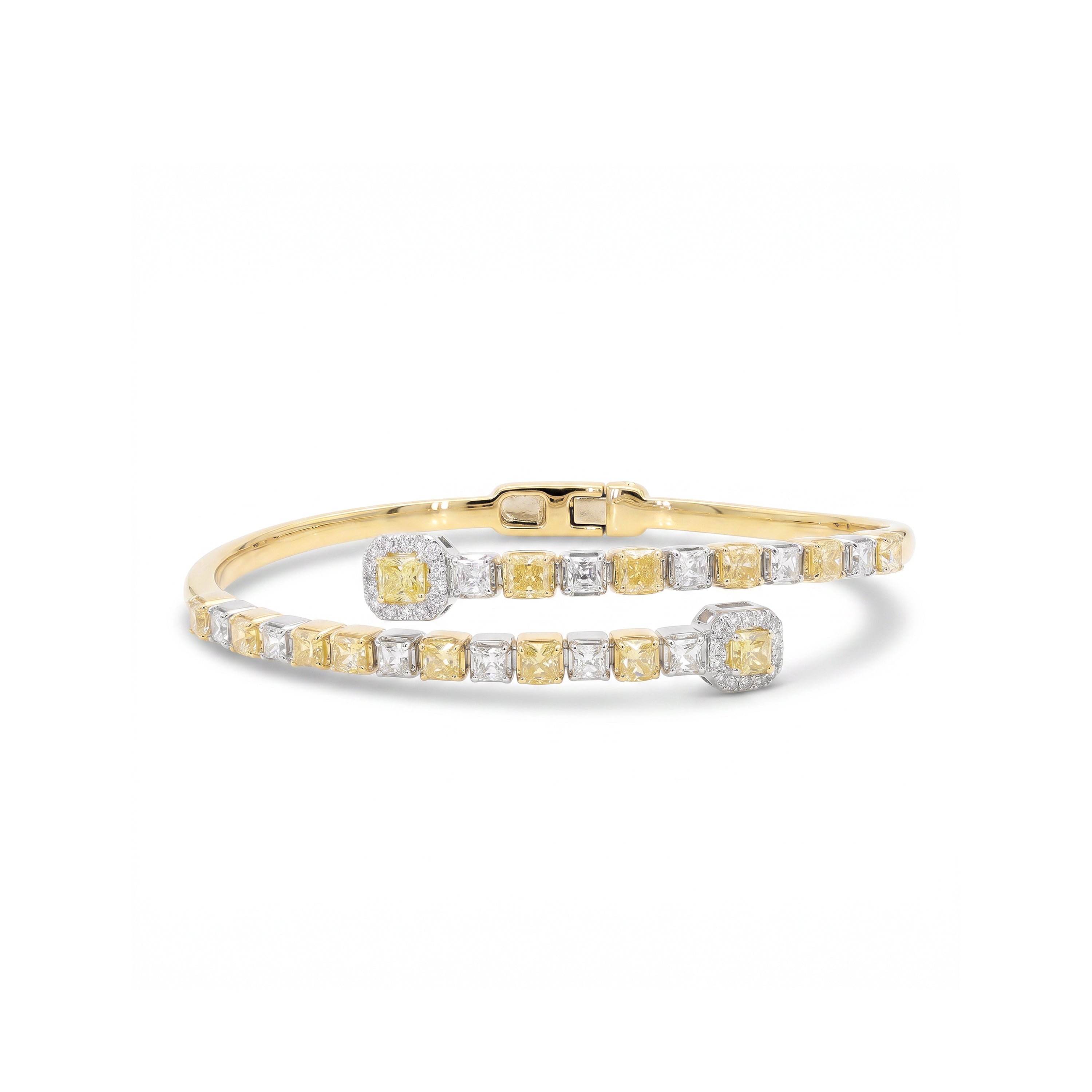 Natural Yellow Cushion & White Asscher Diamond Crossover Bangle