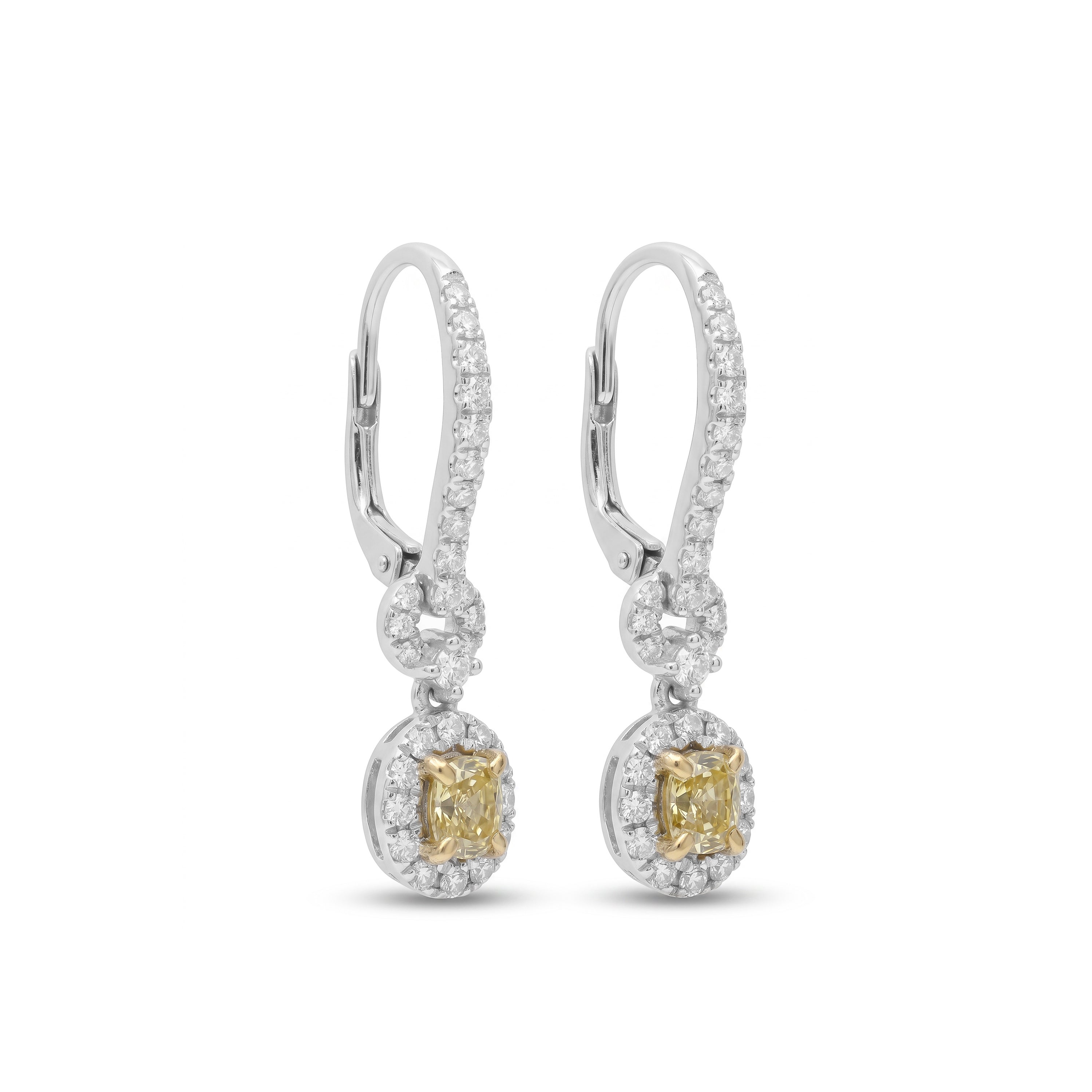 Natural Yellow Oval Diamond Halo Drop Earrings