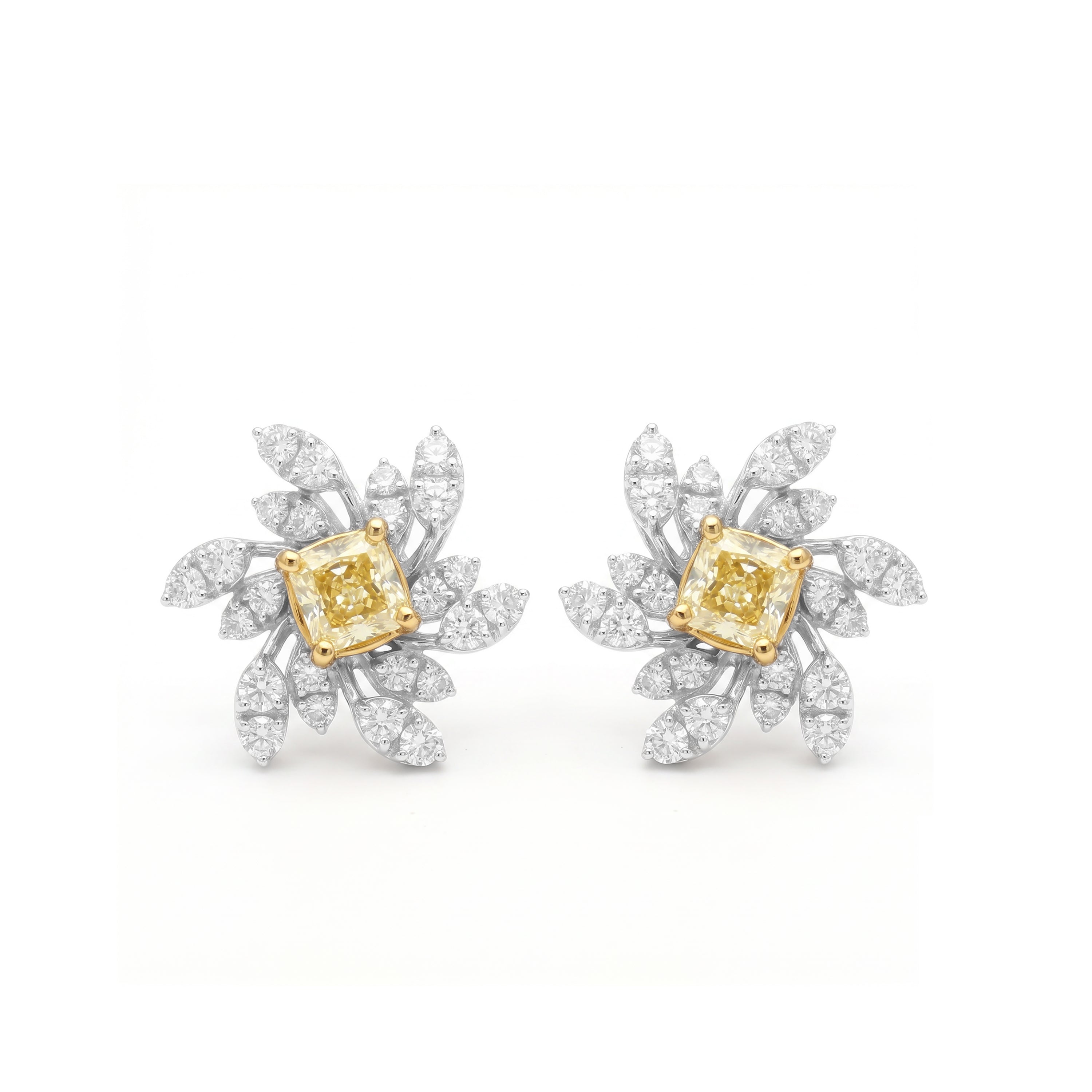 Natural Yellow Cushion Diamond Floral Earrings