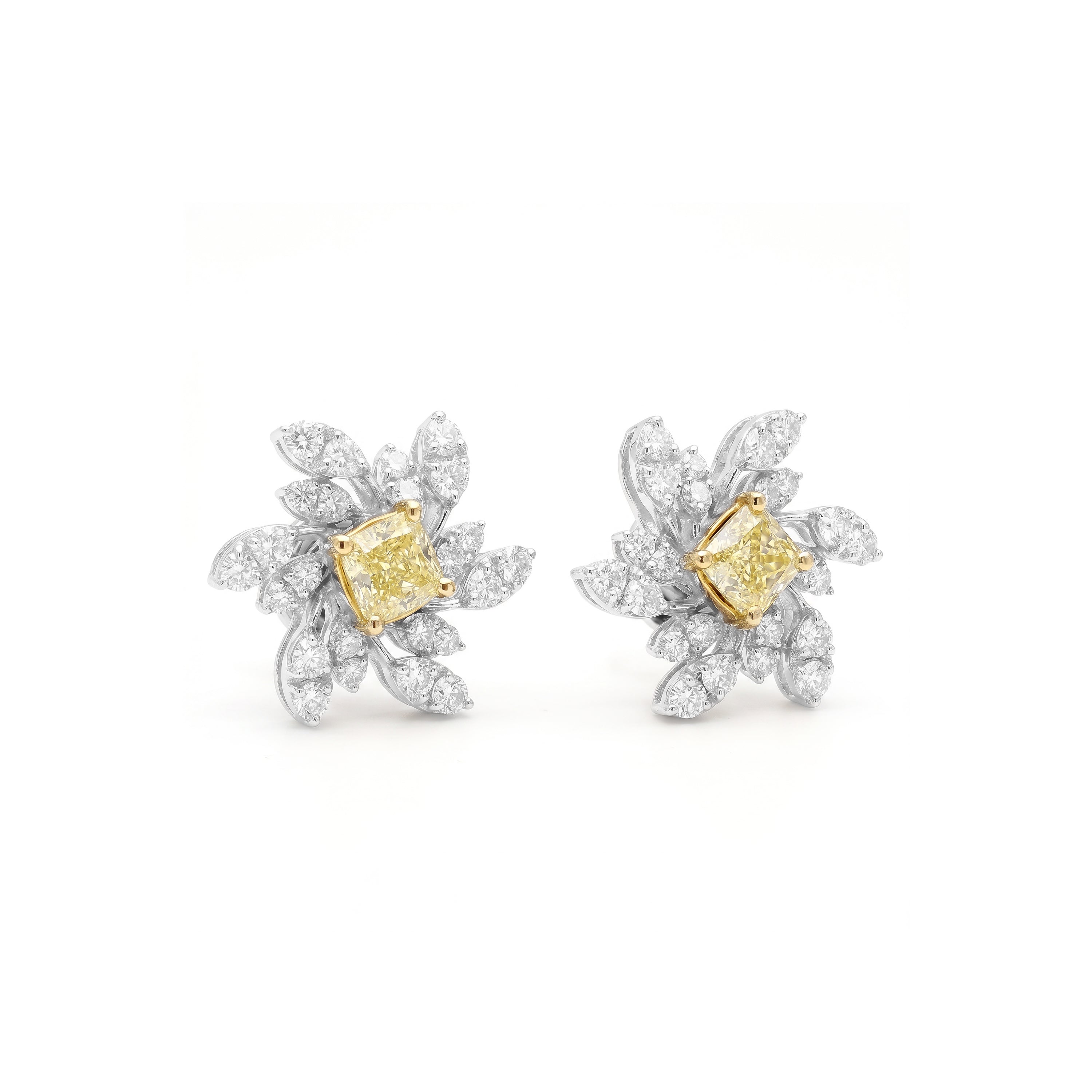 Natural Yellow Cushion Diamond Floral Earrings
