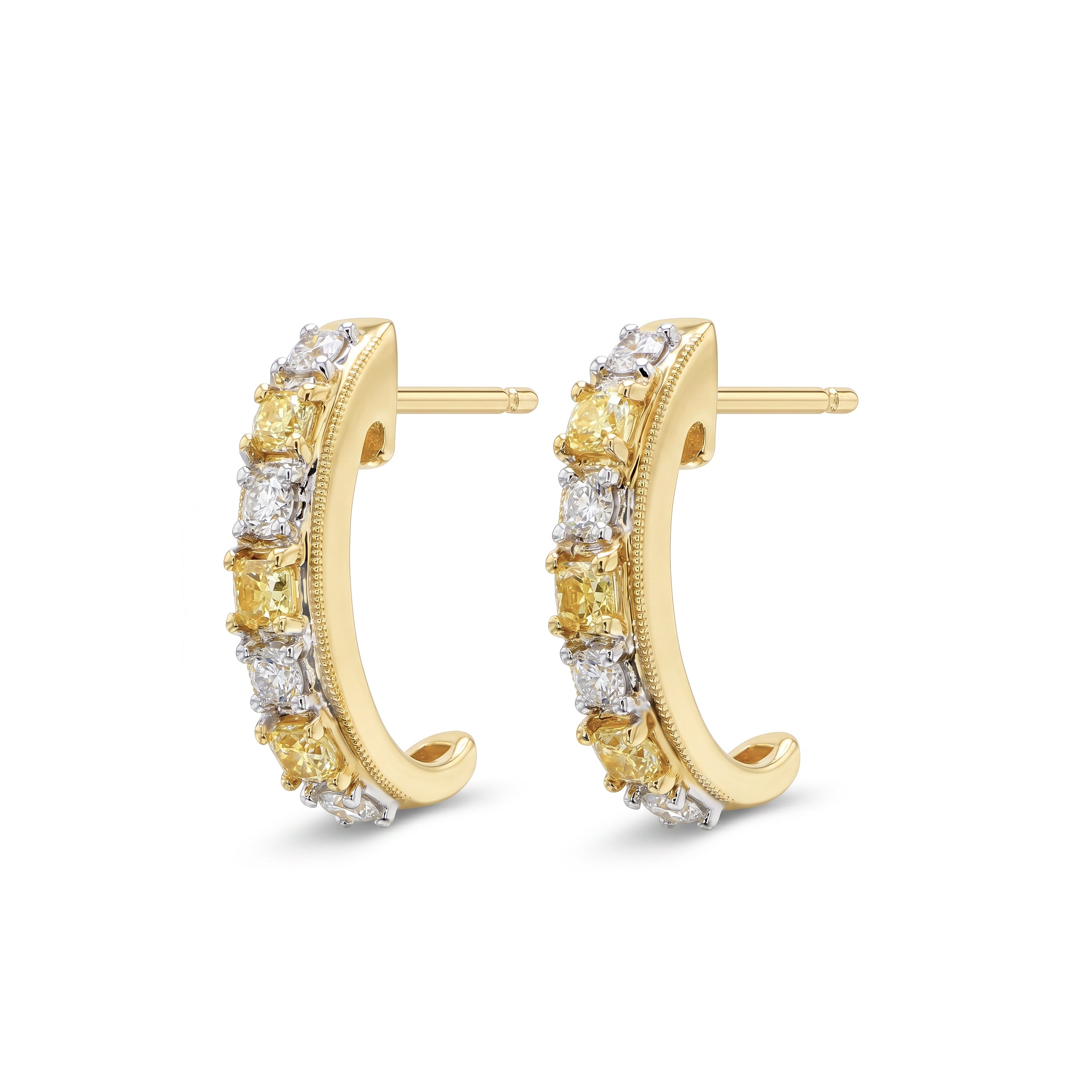 Natural Yellow Cushion & White Round Diamond Earrings