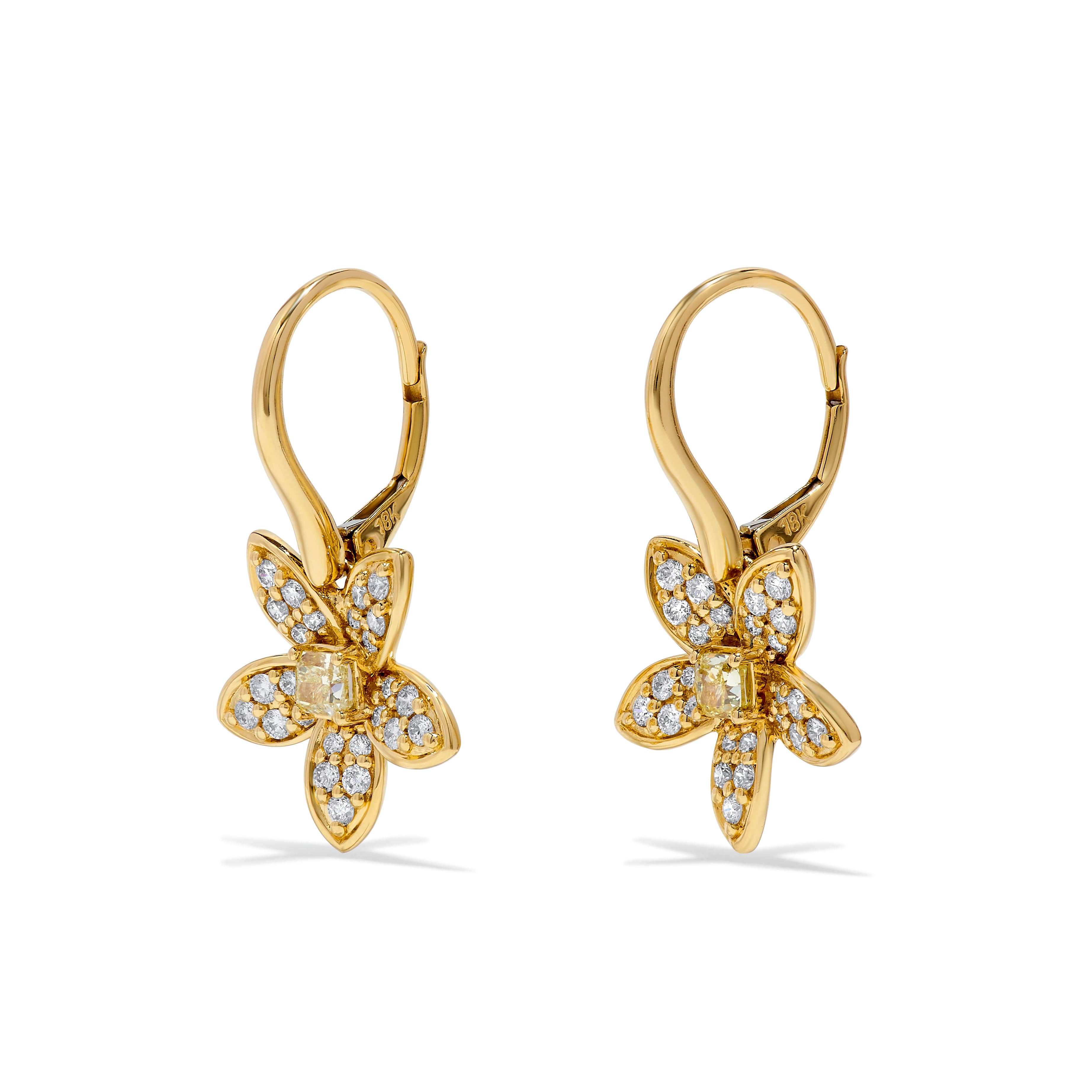 Yellow Cushion and White Diamond Floral Drop Earrings