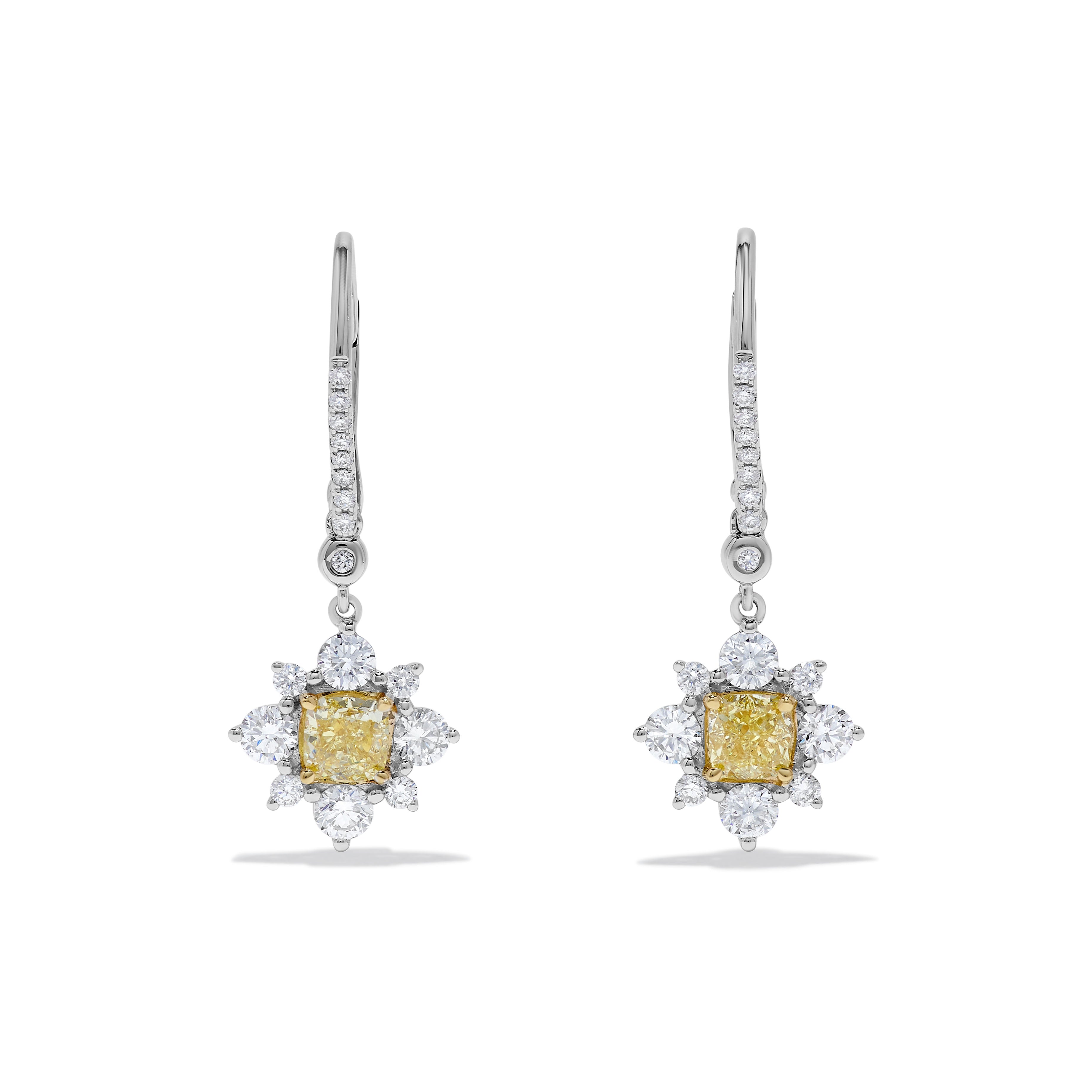 Yellow Cushion Cut & White Diamond Drop Earrings JE0246GP