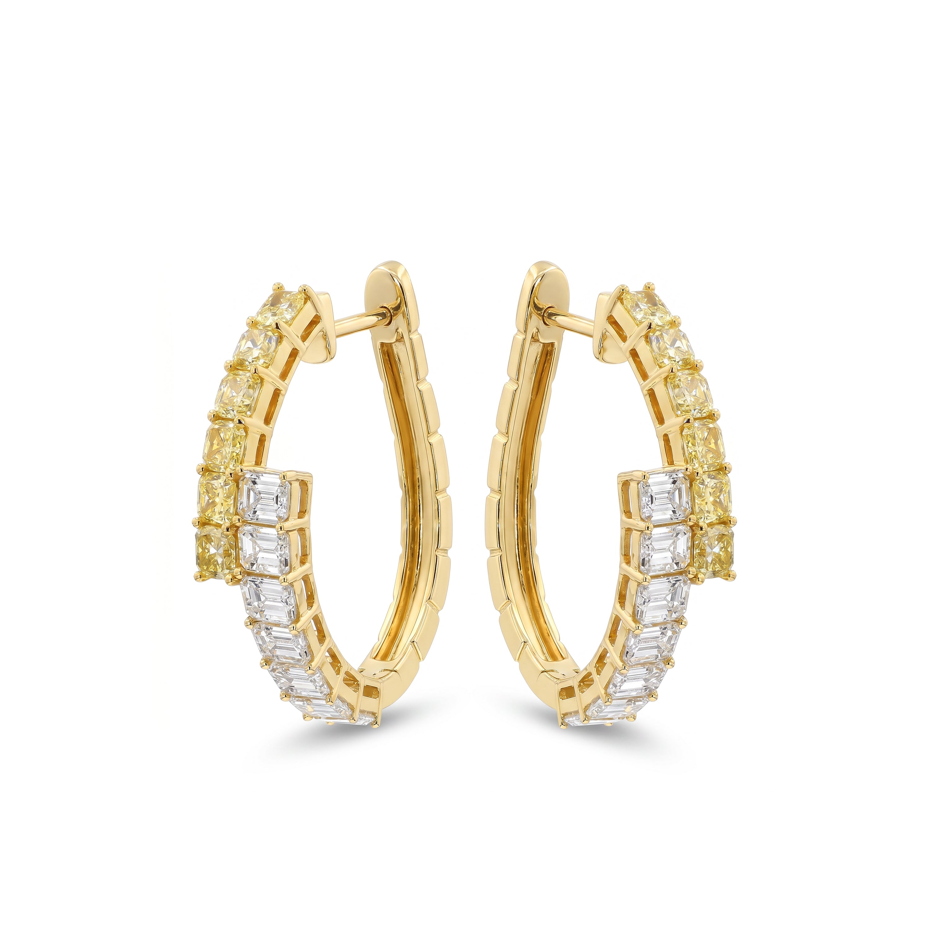 Natural Yellow Cushion & White Emerald Cut Diamond Hoop Earrings