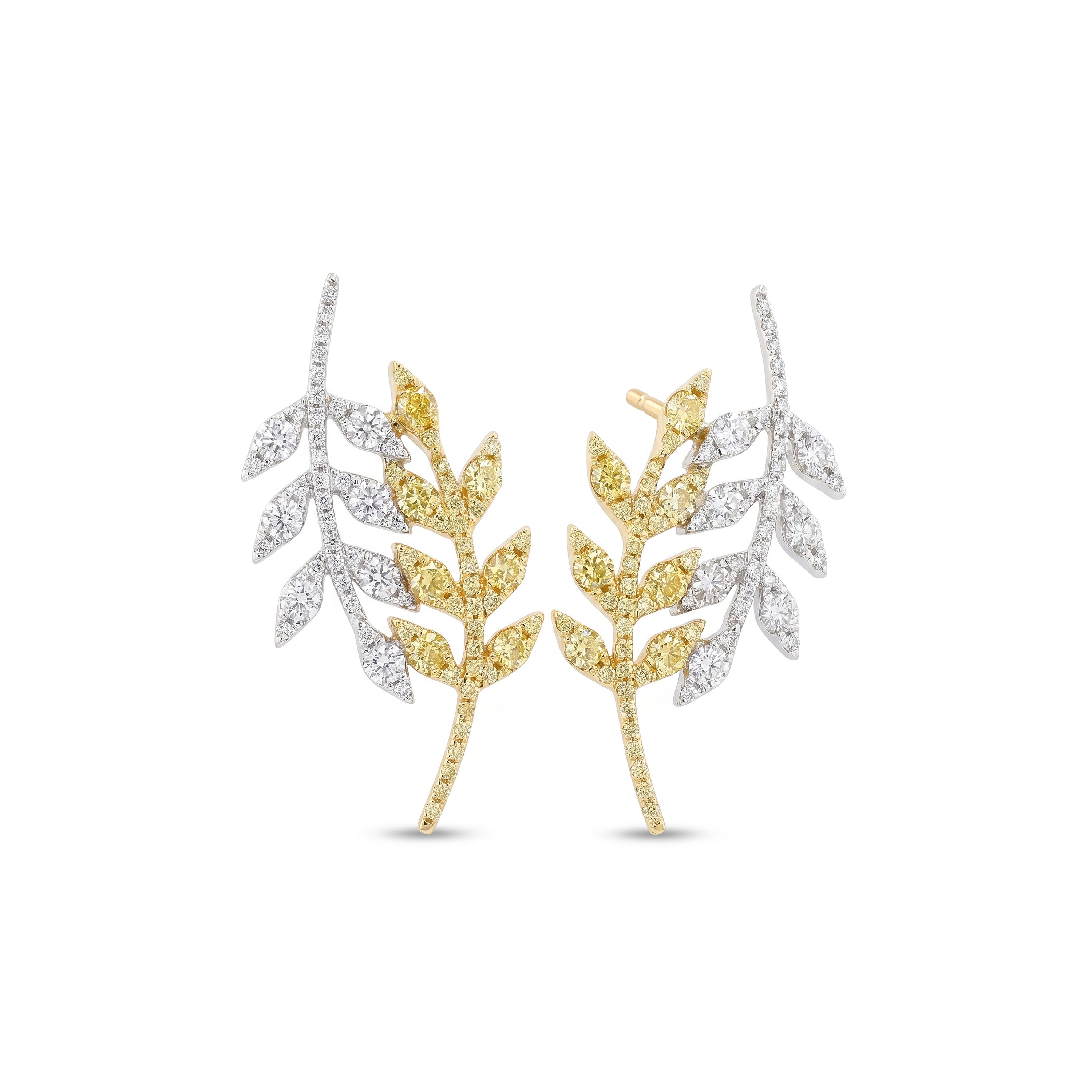 Natural Yellow & White Diamond Leafy Branch Earrings