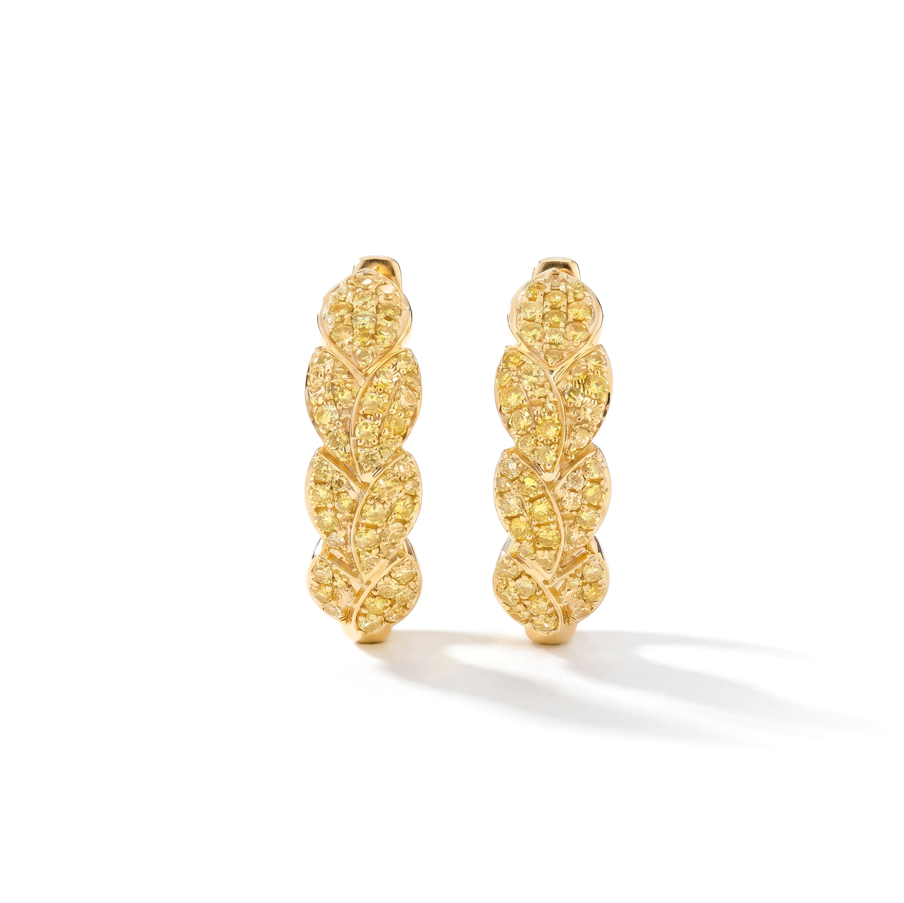 Natural Yellow Pavé Diamond Leaf Huggie Earrings